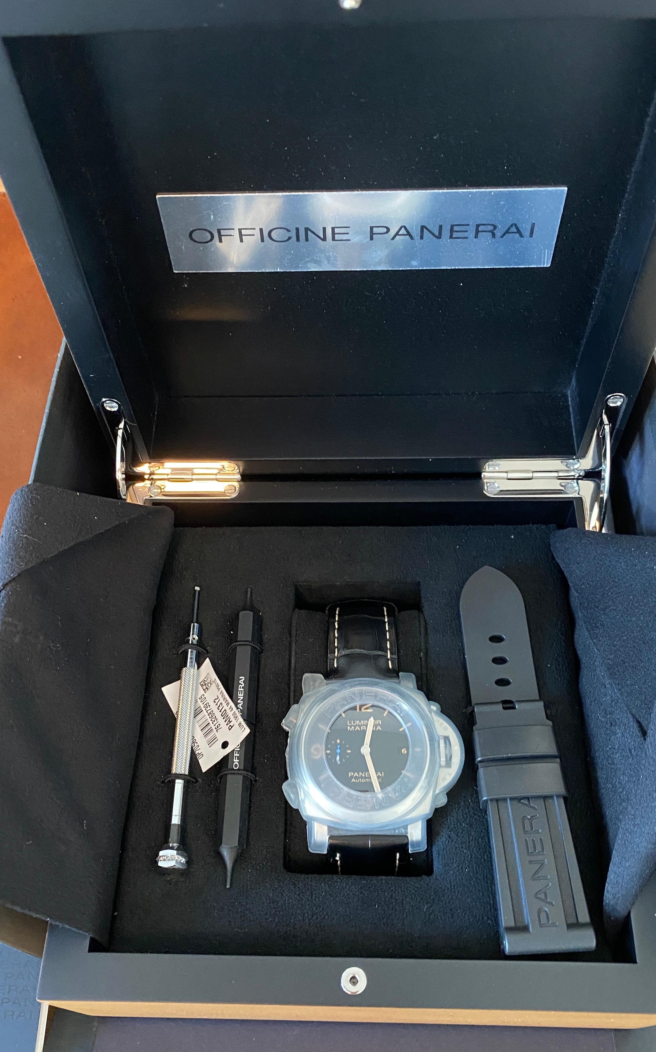 Men's Panerai Luminor Marina Steel Black Dial Leather Strap Automatic Watch PAM01312