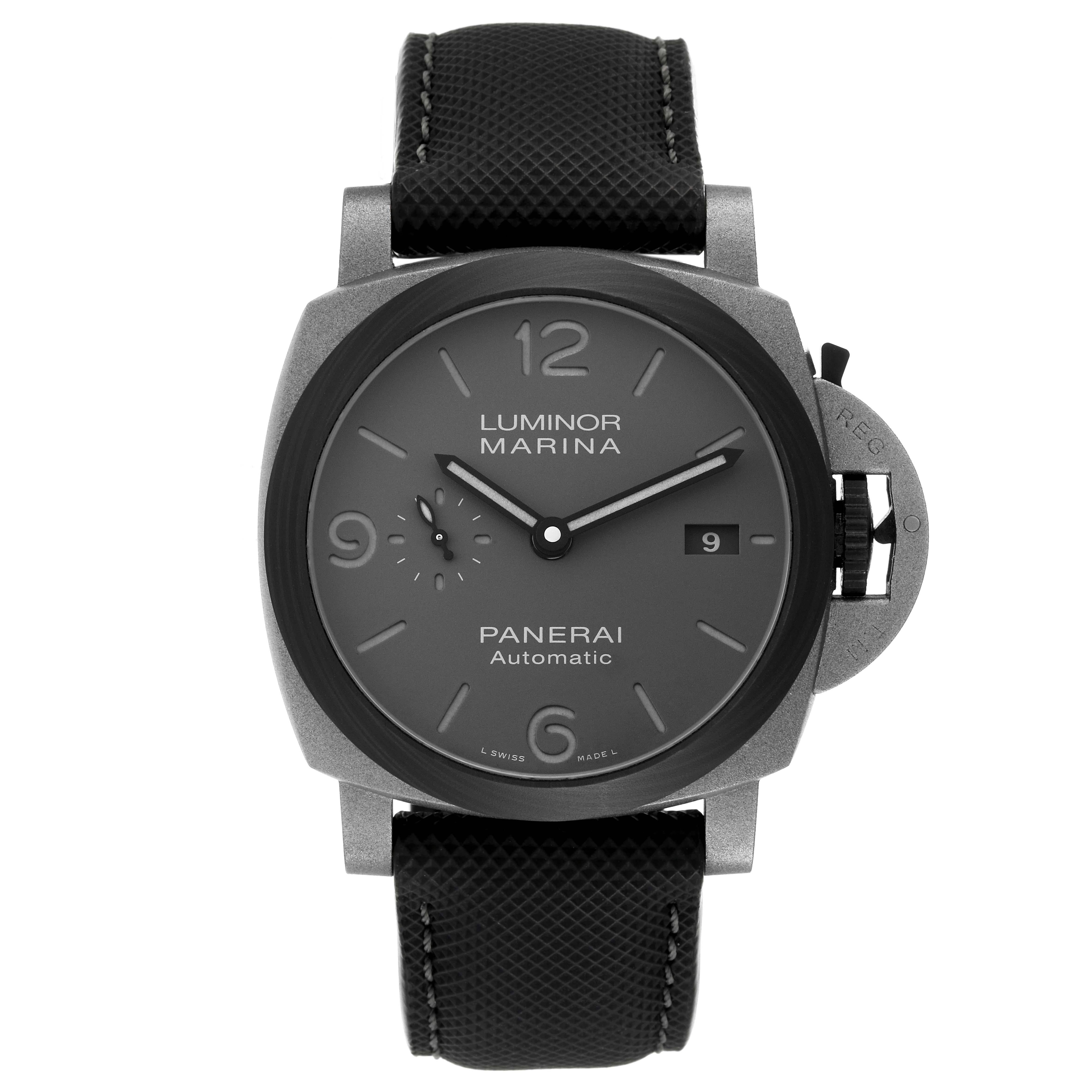 Panerai Luminor Marina TuttoGrigio Grey Dial Titanium Mens Watch PAM01662. Automatic self-winding movement. Two part cushion shaped DMLS titanium case 44.0 mm in diameter. Carbotech sloped bezel. Scratch resistant sapphire crystal. Grey dial with