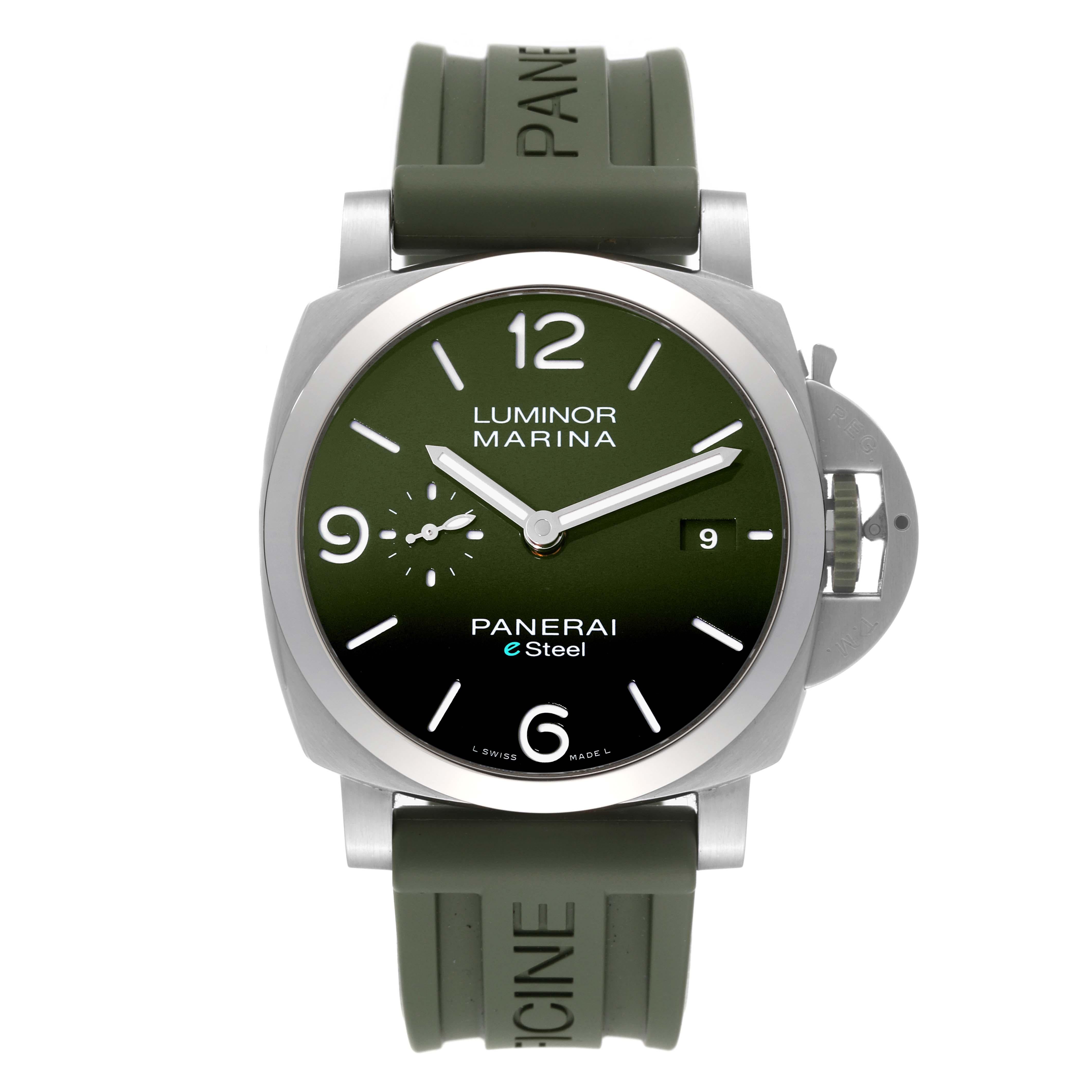 Reloj para caballero Panerai Luminor Marina Verde Smeraldo Acero PAM01356 Tarjeta de caja. Movimiento automático de cuerda automática. Equilibrio Glucydur?, 28.800 alternancias/hora. Dispositivo antichoque Incabloc? Reserva de marcha de 3 días, dos