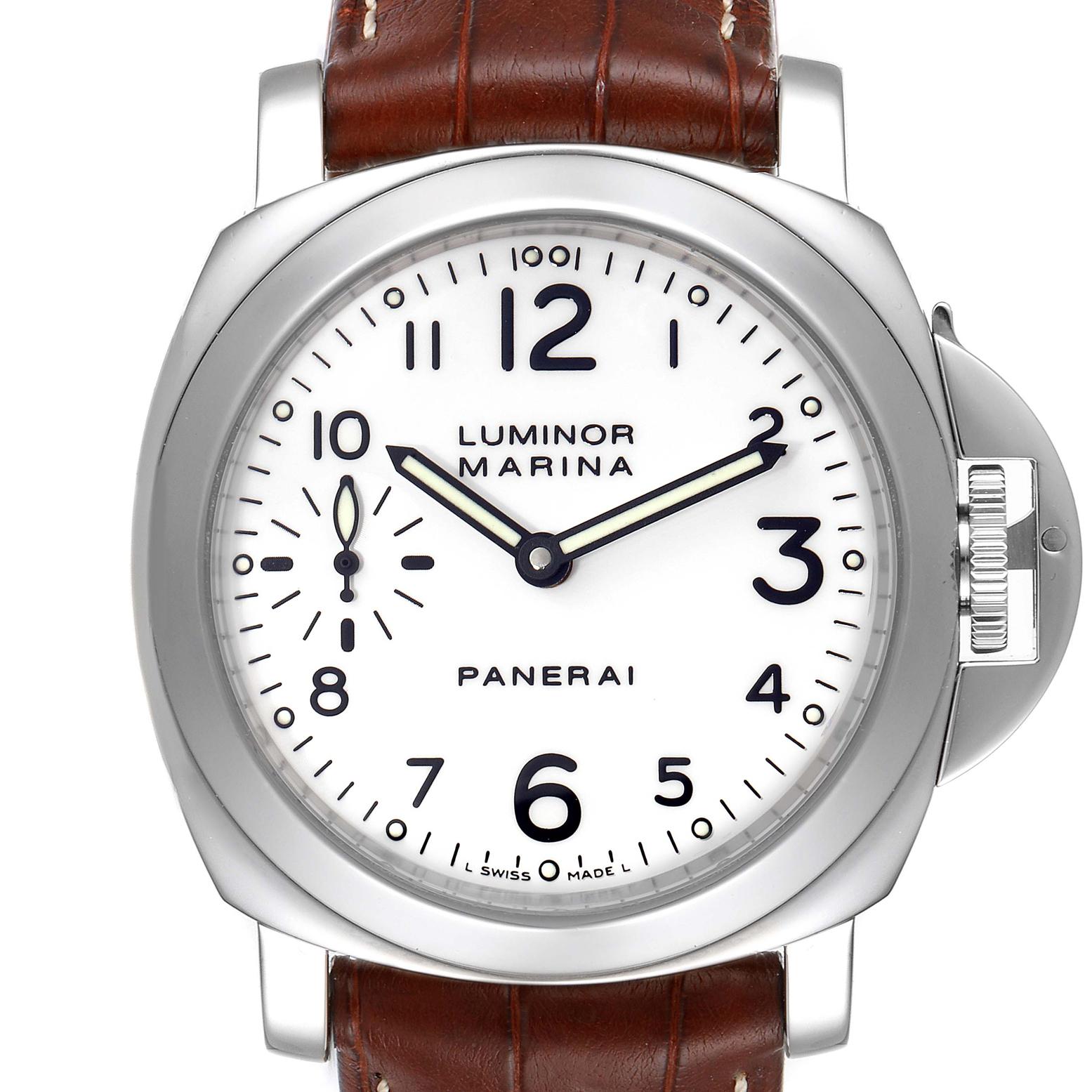 Panerai Luminor Marina 44mm White Dial Watch PAM00113 Box Papers. Manual-winding movement. Two part cushion shaped stainless steel case 44 mm in diameter. Panerai patented crown protector. Polished stainless steel sloped bezel. Scratch resistant