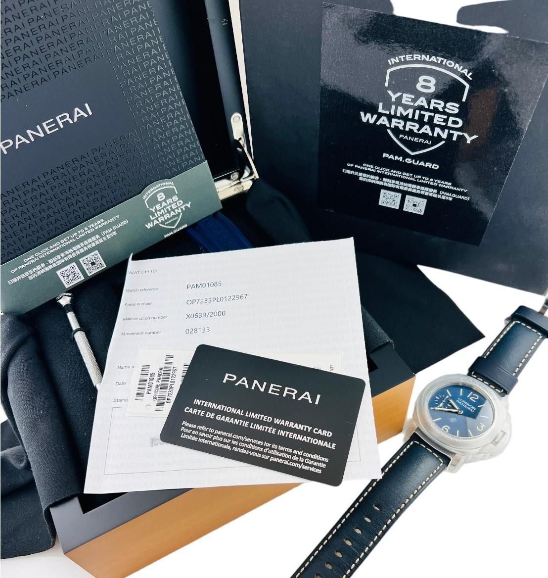 Panerai Luminor Men's Watch PAM 1085 Full Set Blue Dial #15776 For Sale 5