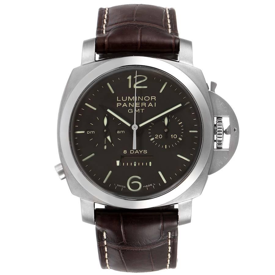 Panerai Luminor Monopulsante 8 Days GMT 44mm Watch PAM00311 Box Papers. Manual winding movement. Two part cushion shaped titanium case 44.0 mm in diameter. Case thickness: 19 mm. Panerai patented crown protector. Titanium sloped bezel. Scratch