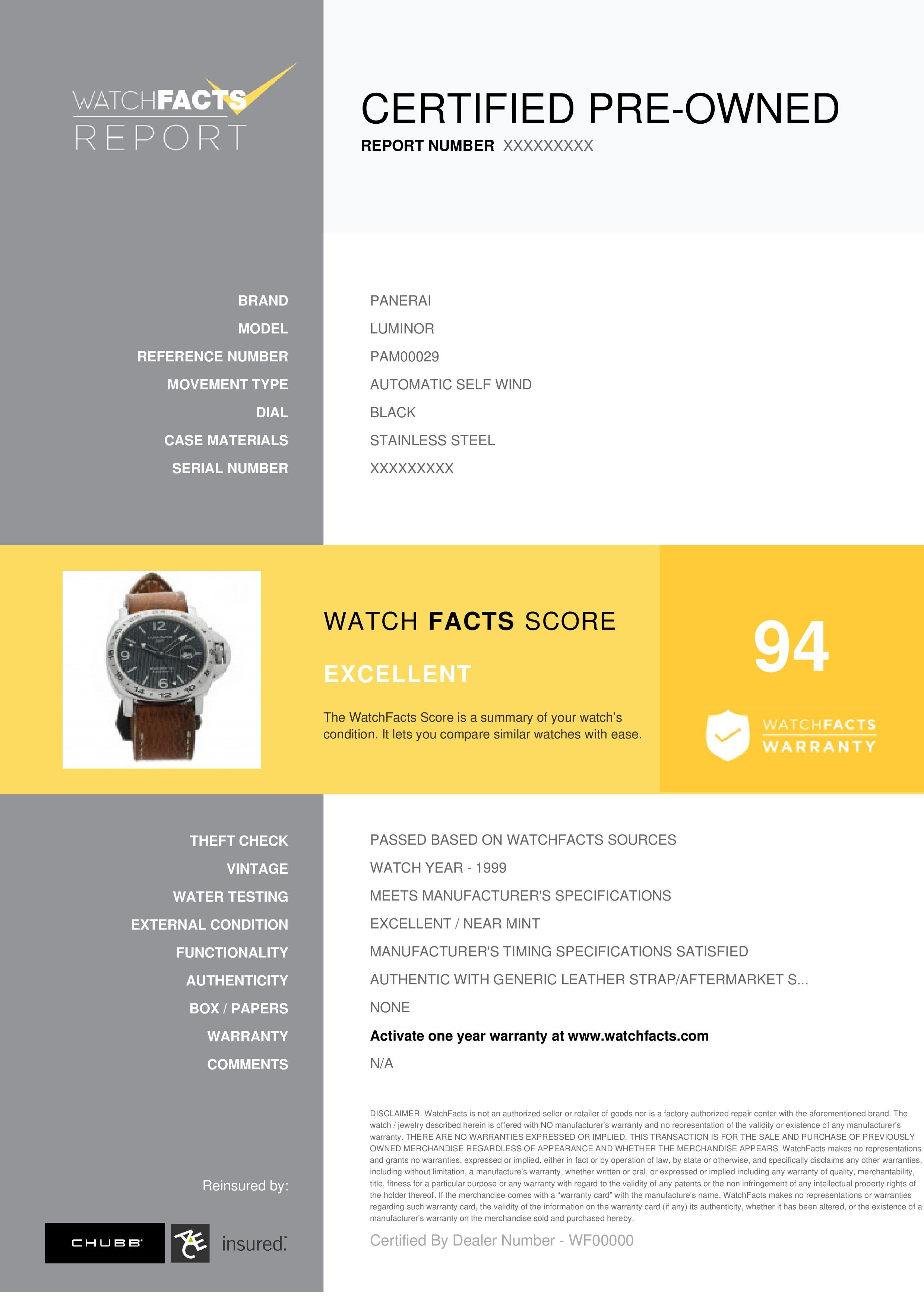 Panerai Luminor Reference #: PAM00029. Mens Automatic Self Wind Watch Stainless Steel Black 44 MM. Verified and Certified by WatchFacts. 1 year warranty offered by WatchFacts.
