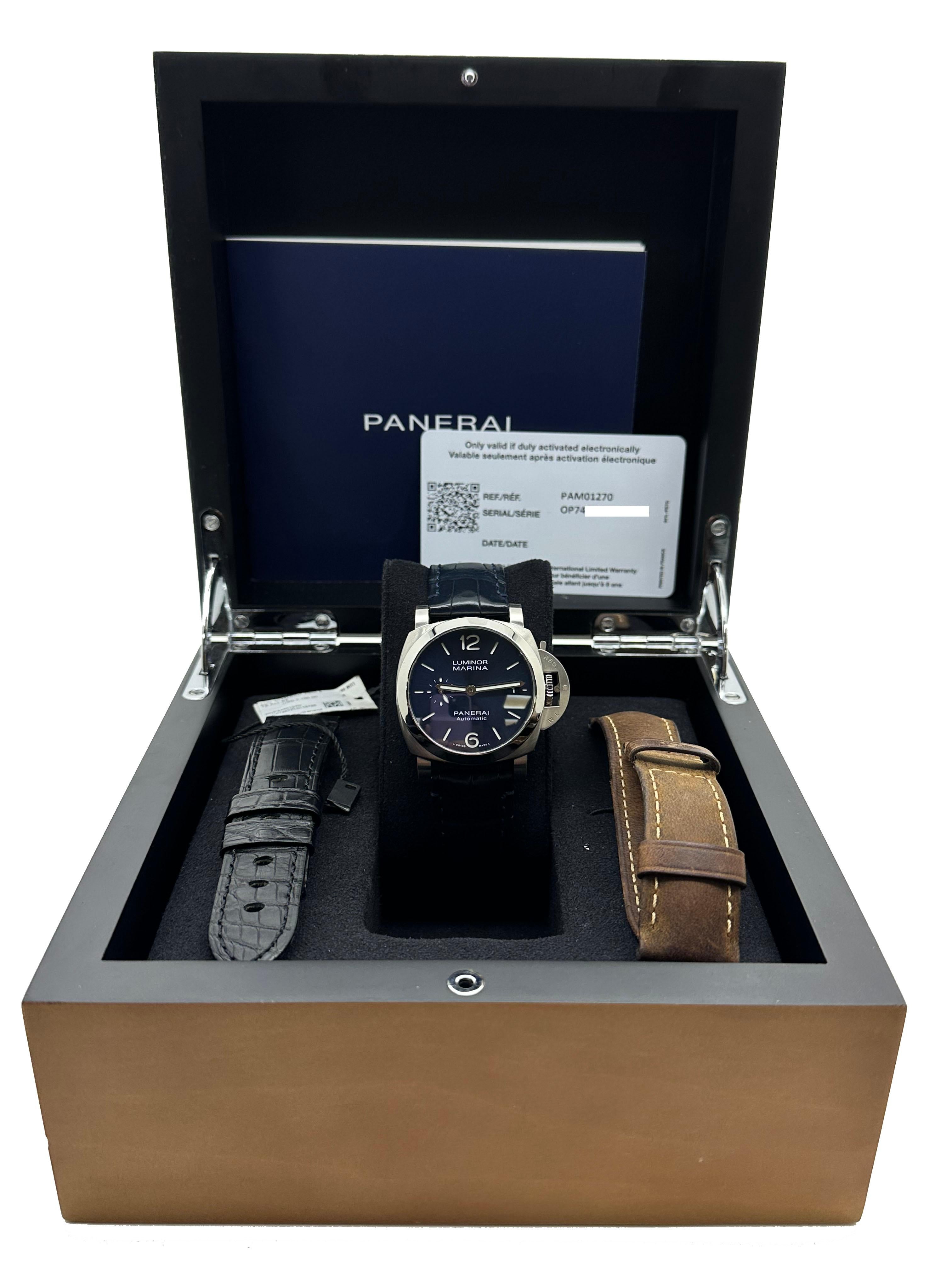 Style Number: PAM01270 / PAM 1270

 

Model: Luminor 

 

Case Material: Stainless Steel

 

Band: Leather

 

Bezel:  Stainless Steel 

 

Dial: Blue Dial 

 

Face: Sapphire Crystal 

 

Case Size: 40mm 

 

Includes: 

-Panerai Box &