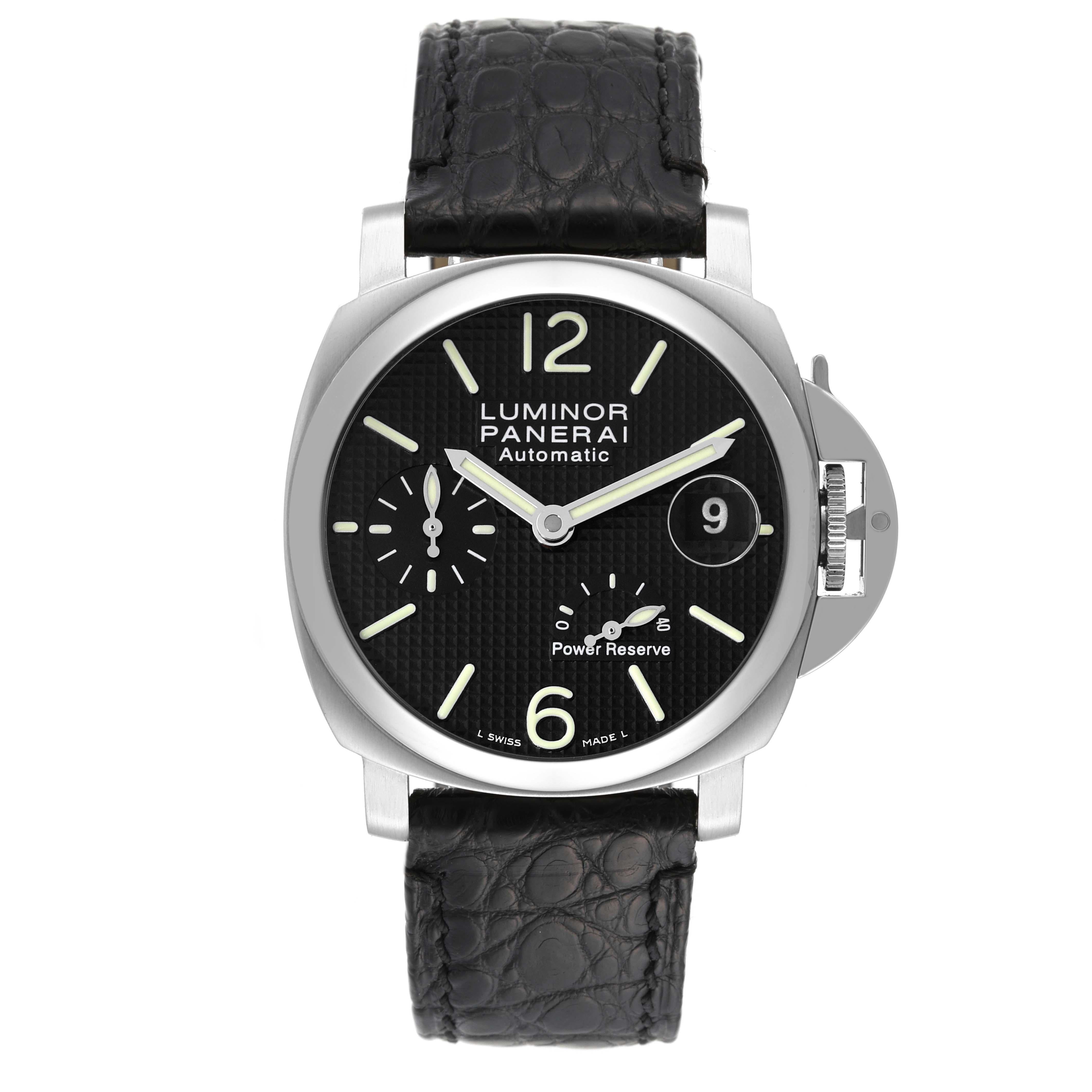 Panerai Luminor Power Reserve 40mm Steel Mens Watch PAM00241 Box Papers. Automatic self-winding movement. Two part cushion shaped stainless steel case 40.0 mm in diameter. Polished Panerai patented crown protector. Stainless steel sloped bezel.