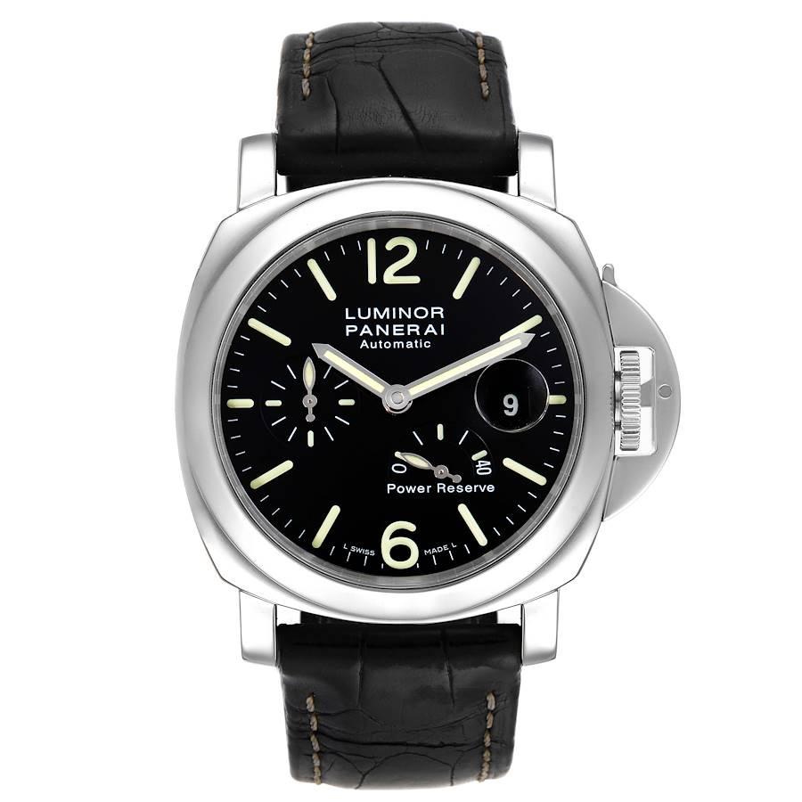 Panerai Luminor Power Reserve Automatic Mens Watch PAM00090 Box Card. Automatic self-winding movement. Two part, polished and brushed cushion shaped stainless steel case 44.0 mm in diameter. Polished Panerai patented crown protector. Polished