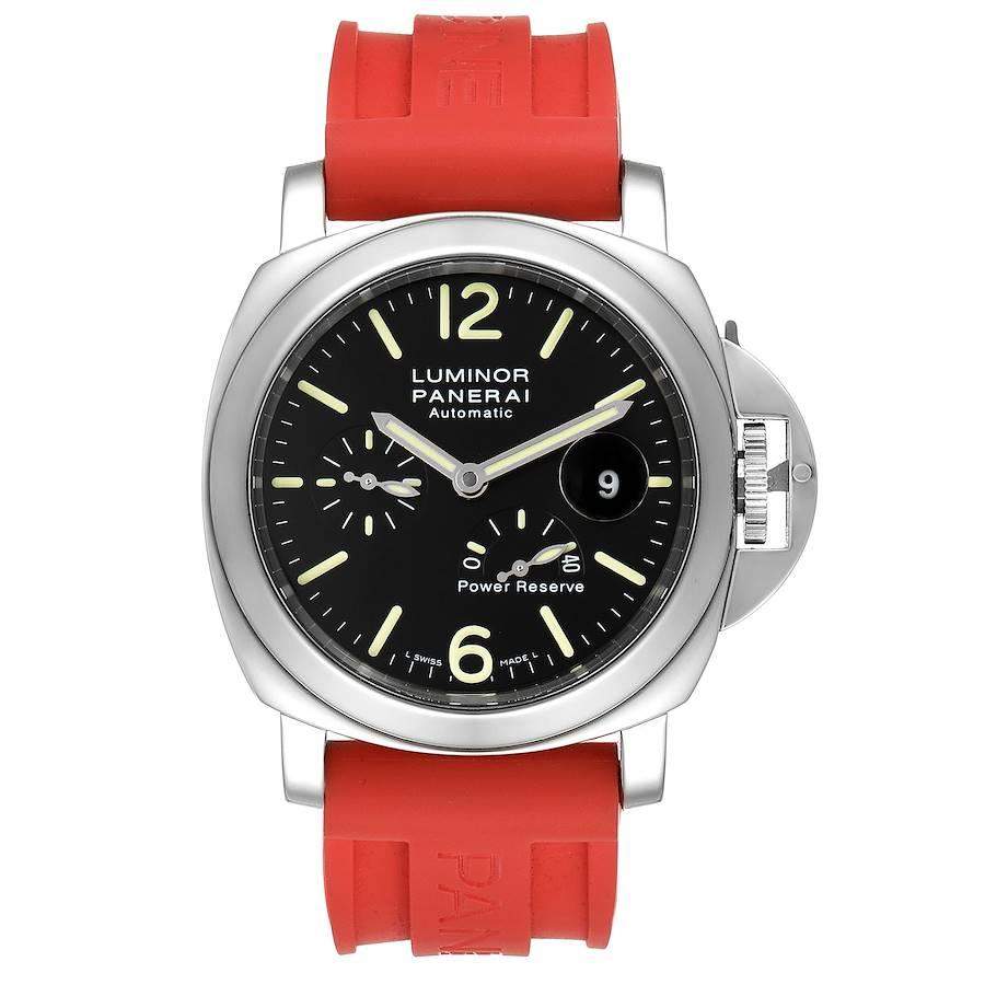 Panerai Luminor Power Reserve Automatic Mens Watch PAM00090 Box Papers. Automatic self-winding movement. Two part, polished and brushed cushion shaped stainless steel case 44.0 mm in diameter. Polished Panerai patented crown protector. Polished