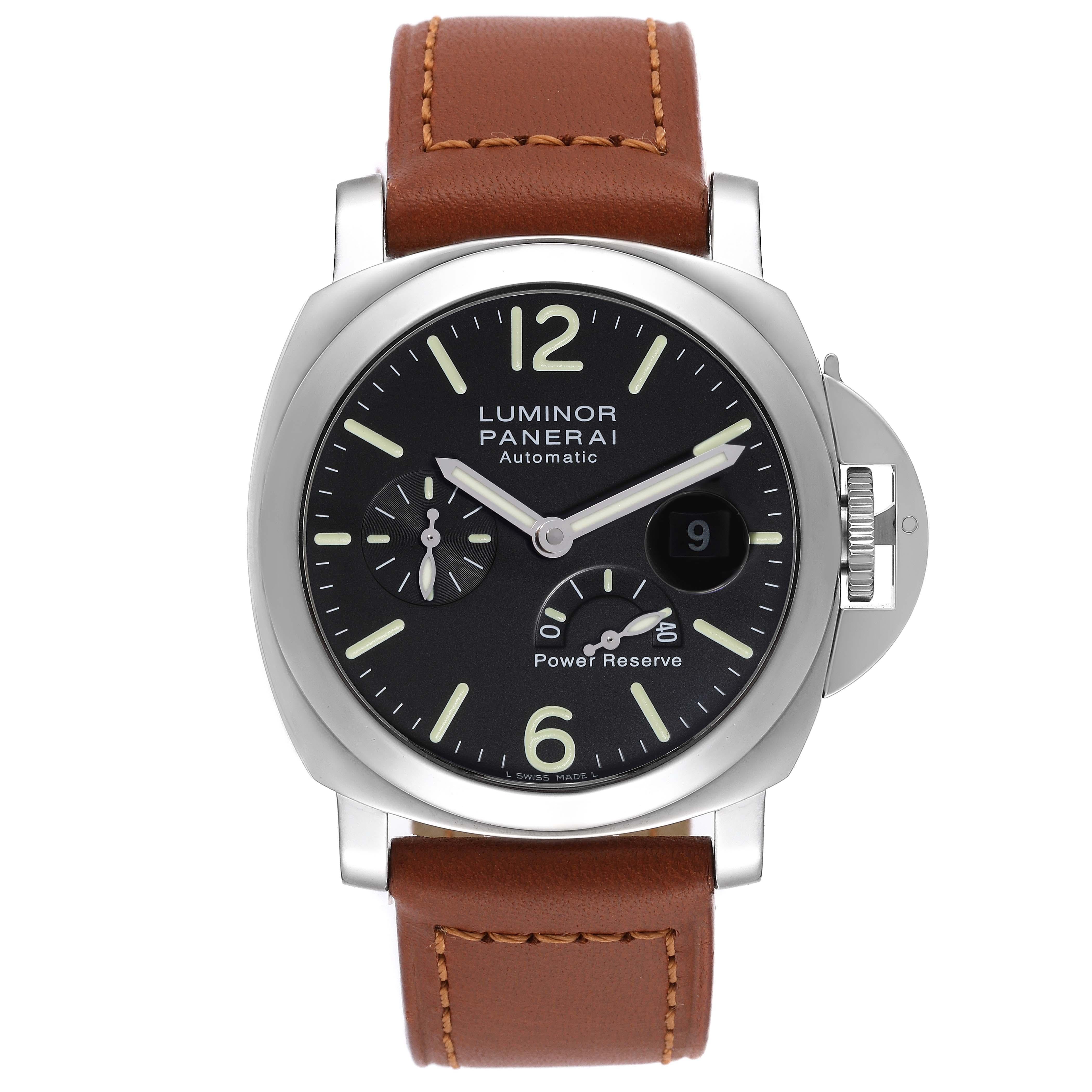 Panerai Luminor Power Reserve Automatic Steel Mens Watch PAM00090 Box Card. Automatic self-winding movement. Stainless steel cushion case 44.0 mm in diameter. Panerai patented crown protector. Polished stainless steel sloped bezel. Scratch resistant