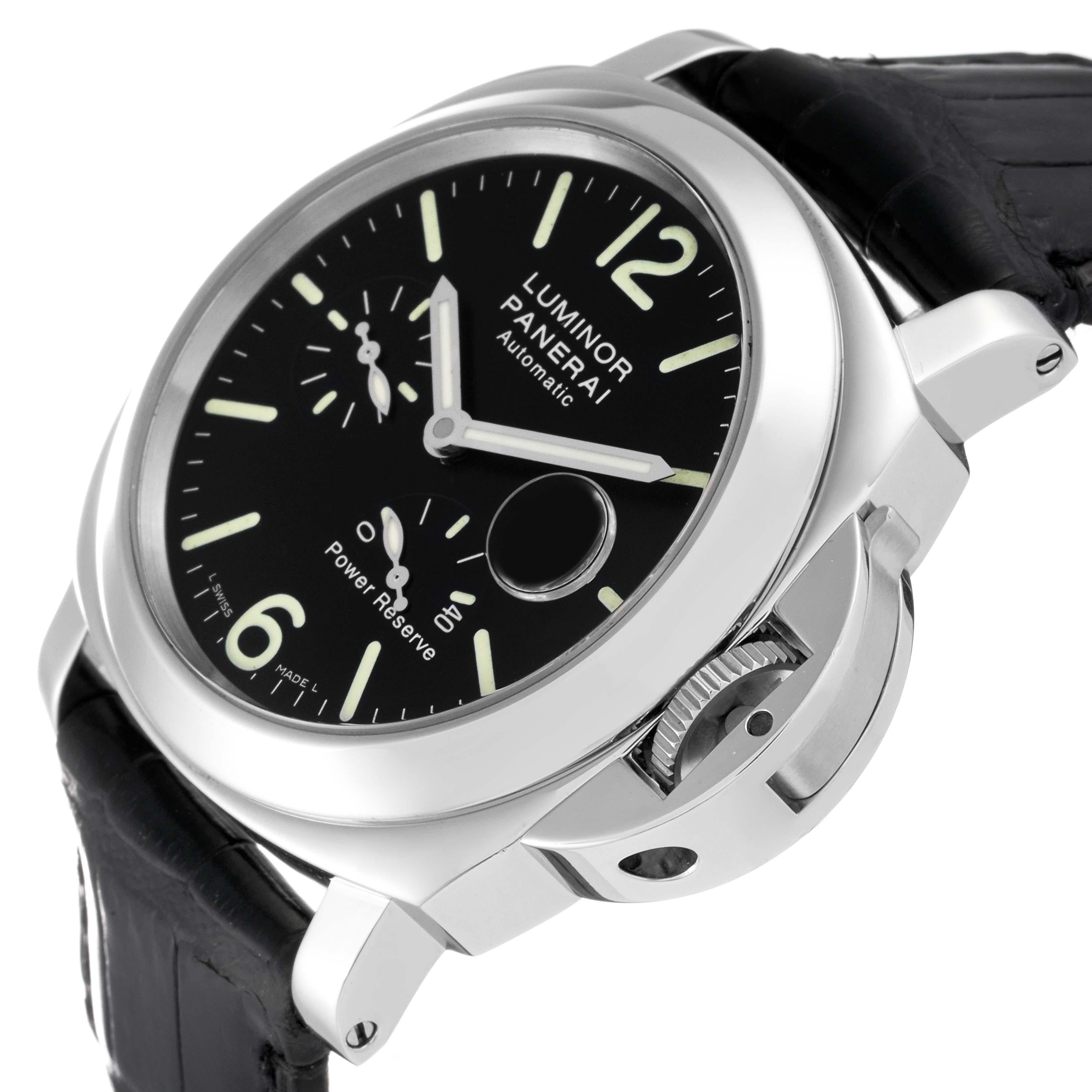 Panerai Luminor Power Reserve Automatic Steel Mens Watch PAM00090. Automatic self-winding movement. Stainless steel cushion case 44.0 mm in diameter. Panerai patented crown protector. Polished stainless steel sloped bezel. Scratch resistant sapphire