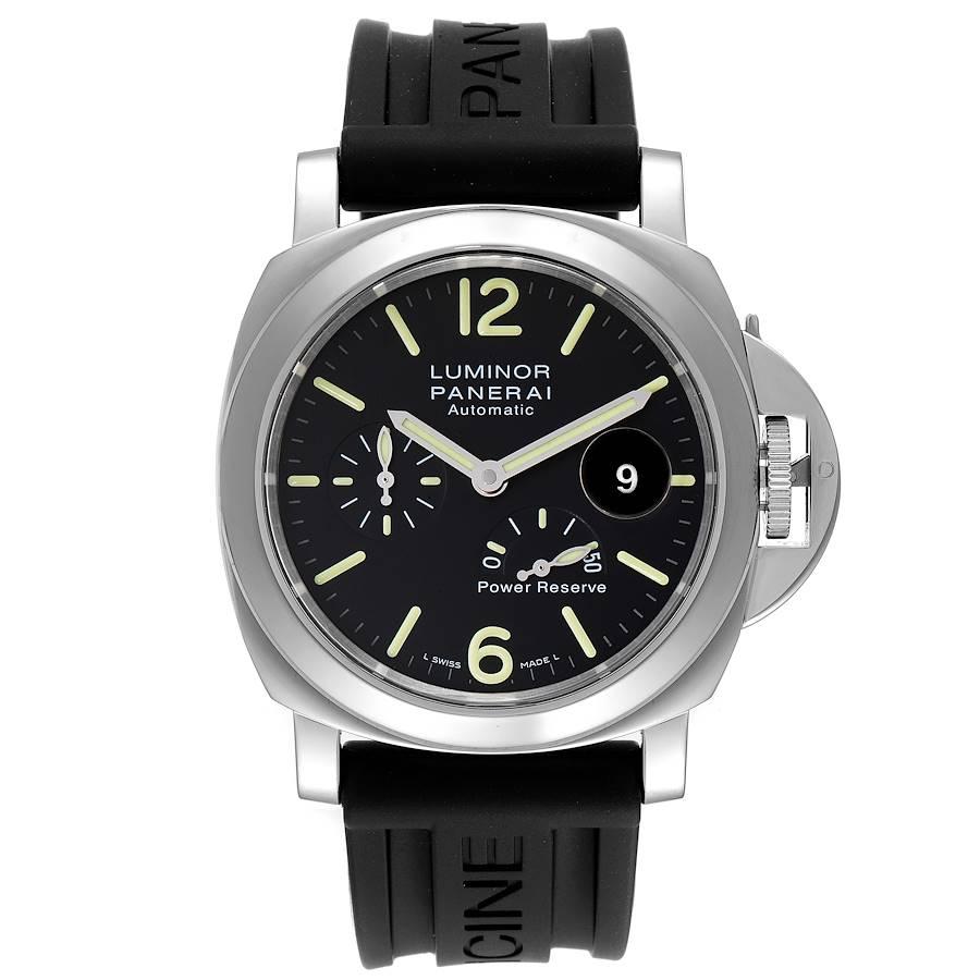 Panerai Luminor Power Reserve Black Dial Steel Mens Watch PAM01090 Box Card. Automatic self-winding movement. Two part cushion shaped stainless steel case 44.0 mm in diameter. Panerai patented crown protector. Polished stainless steel sloped bezel.