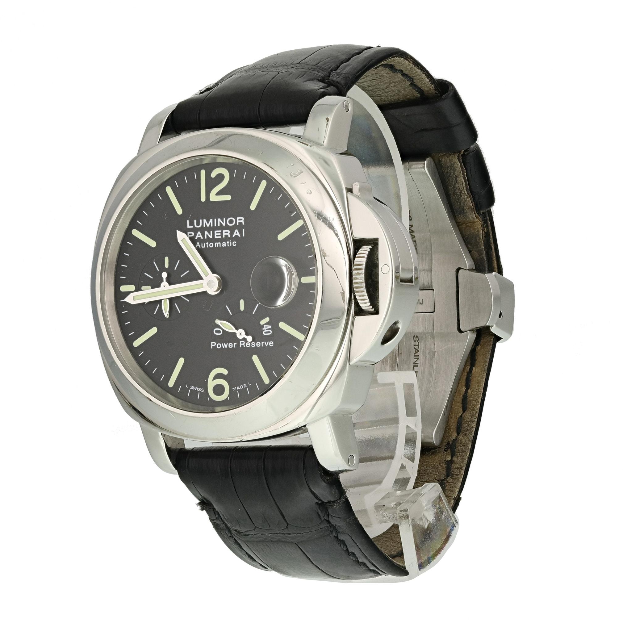Panerai Luminor Power Reserve PAM00090 Men's Watch.
44mm Stainless Steel case. 
Stainless Steel Stationary bezel. 
Black dial with Luminous Steel hands and index hour markers. 
Minute markers on the outer dial. 
Date display at the 3 o'clock