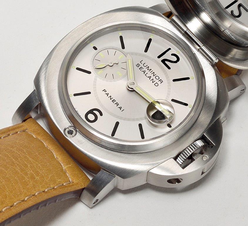 Pre-owned Panerai Luminor Sealand 'Florida - Panther' edition wristwatch (ref. PAM00845), featuring a mechanical automatic movement; silvered dial with luminescent accents & hands; magnified aperture for date at 3 o'clock; small seconds subdial at 9