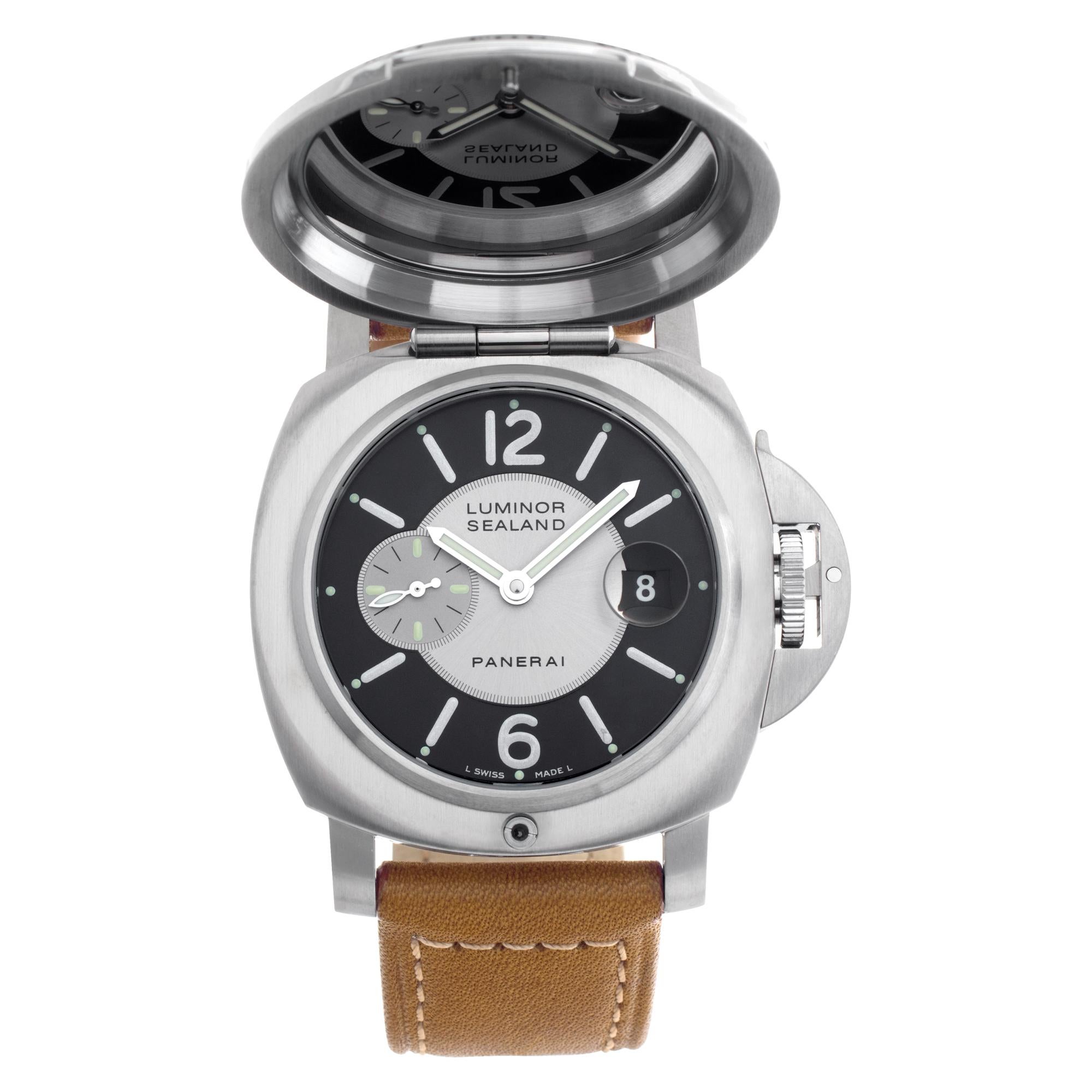 Highly unusual & extremely rare, Limited Edition Panerai Luminor Sealand For Purdey in stainless steel on leather strap. Auto w/ subseconds and date. 44 mm case size. With box, papers, booklets & extra rubber strap. Hinged dial cover features an