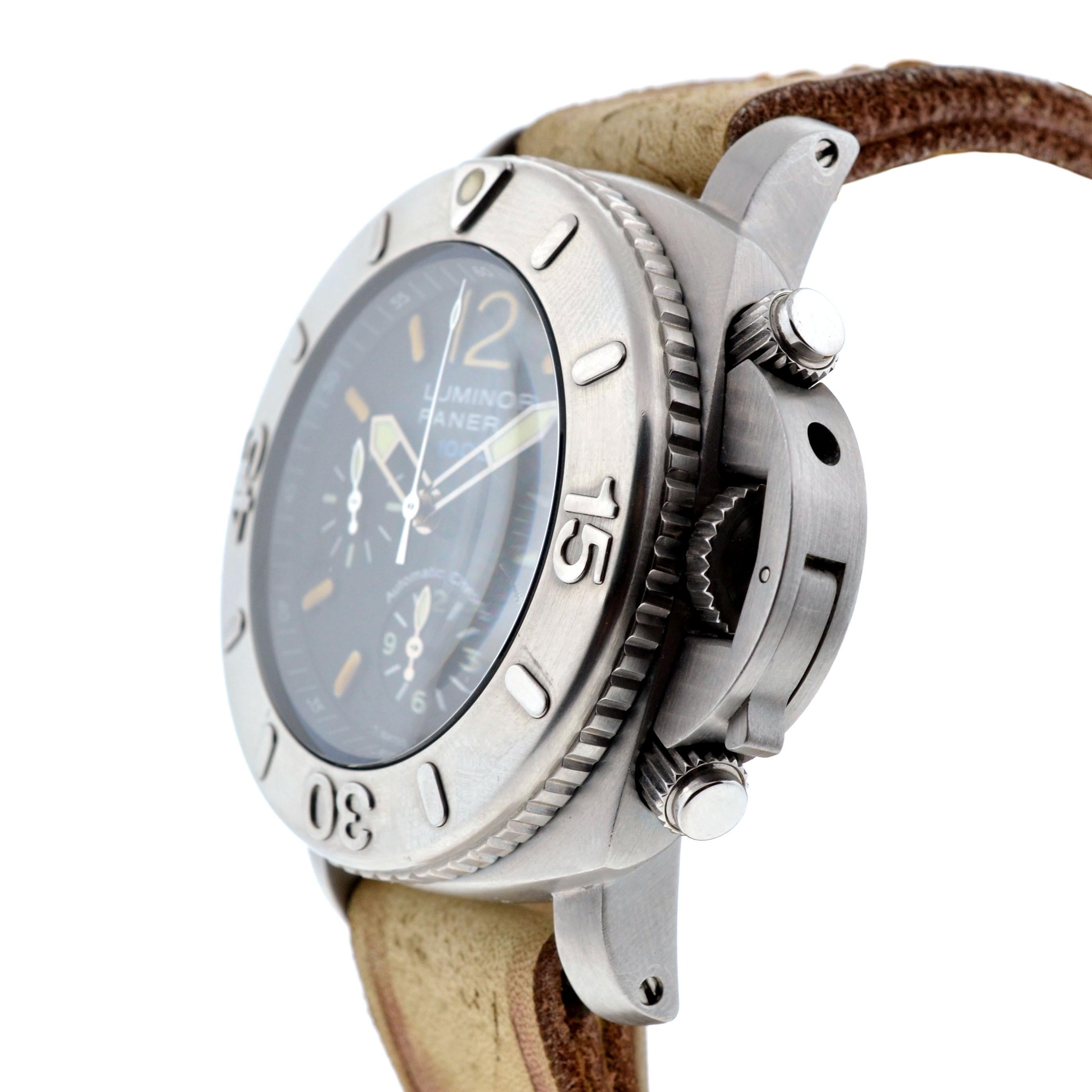 Company - Panerai
Model - PAM 000187 Luminor
Case Metal - Stainless Steel
Case Measurement - 47 mm
Bracelet - Aftermarket leather strap
Dial - Black
Bezel - Stainless Steel
Crystal - Scratch resistant Sapphire Crystal
Movement - Automatic
Features -