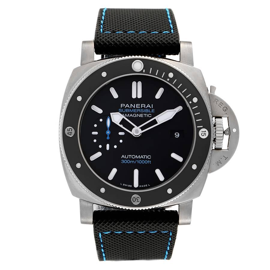 Panerai Luminor Submersible 1950 Amagnetic 3 Days Watch PAM01389 Box Card. Automatic self-winding movement. Two part cushion shaped titanium case 47.0 mm in diameter. Panerai patented crown protector. Unidirectional rotating titanium bezel with a