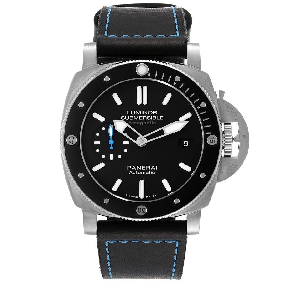 Panerai Luminor Submersible 1950 Amagnetic 3 Days Watch PAM01389 Box Card. Automatic self-winding movement. Two part cushion shaped titanium case 47.0 mm in diameter. Panerai patented crown protector. Unidirectional rotating titanium bezel with a