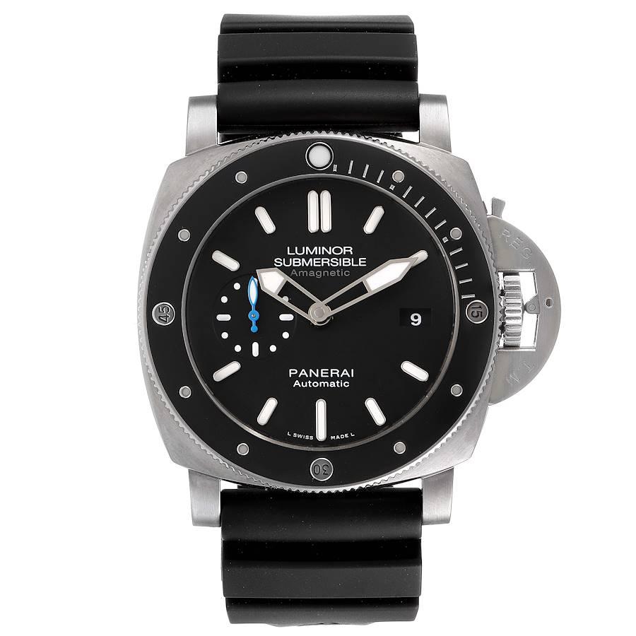 Panerai Luminor Submersible 1950 Amagnetic 3 Days Watch PAM01389 Box Papers. Automatic self-winding movement. Two part cushion shaped titanium case 47.0 mm in diameter. Panerai patented crown protector. Unidirectional rotating titanium bezel with a