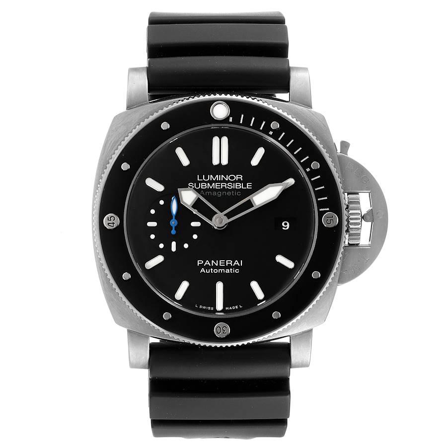 Panerai Luminor Submersible 1950 Amagnetic 3 Days Watch PAM01389 Box Papers. Automatic self-winding movement. Two part cushion shaped titanium case 47.0 mm in diameter. Panerai patented crown protector. Unidirectional rotating titanium bezel with a