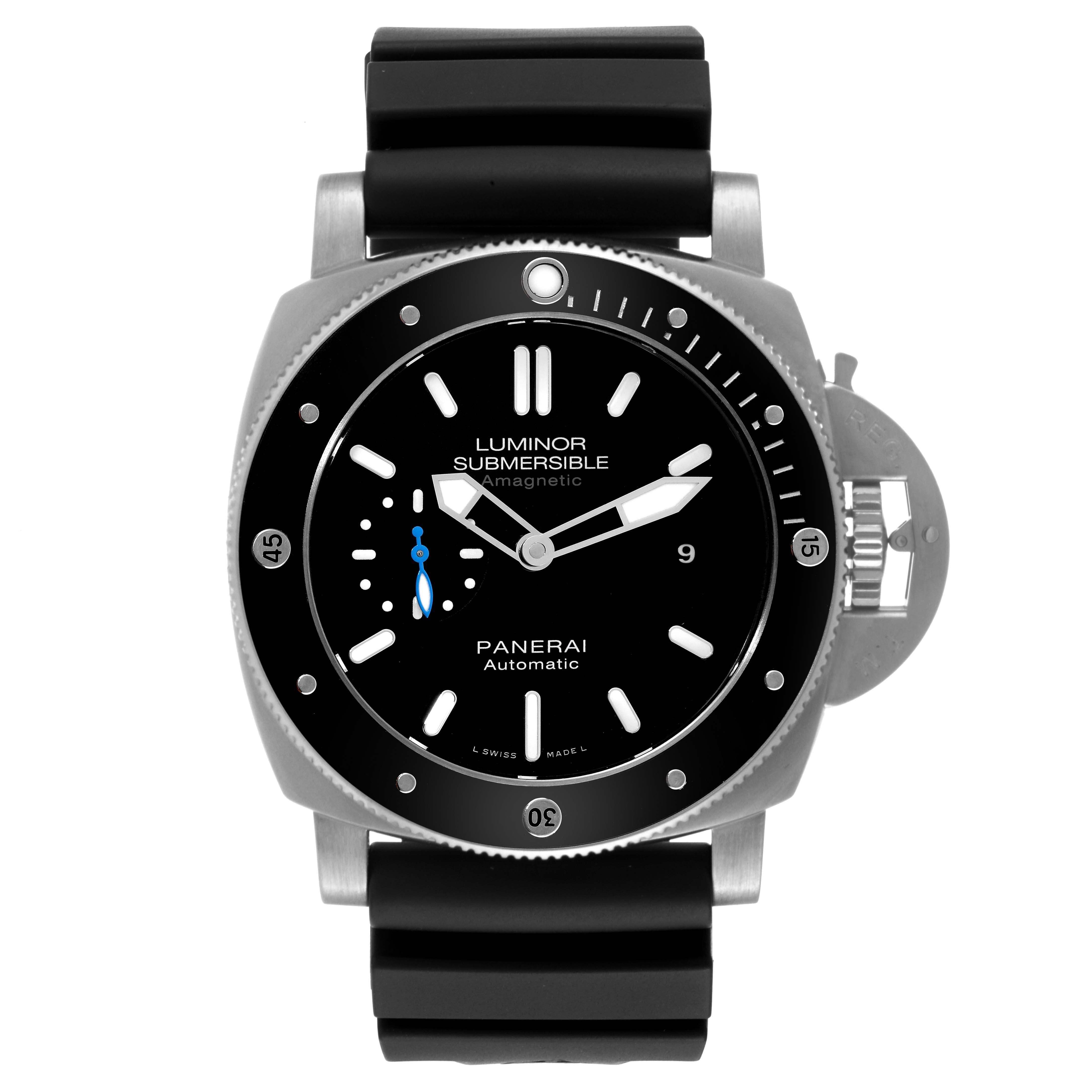 Panerai Luminor Submersible 1950 Amagnetic Mens Watch PAM01389 Box Papers. Automatic self-winding movement. Two part cushion shaped titanium case 47.0 mm in diameter. Panerai patented crown protector. Unidirectional rotating titanium bezel with a
