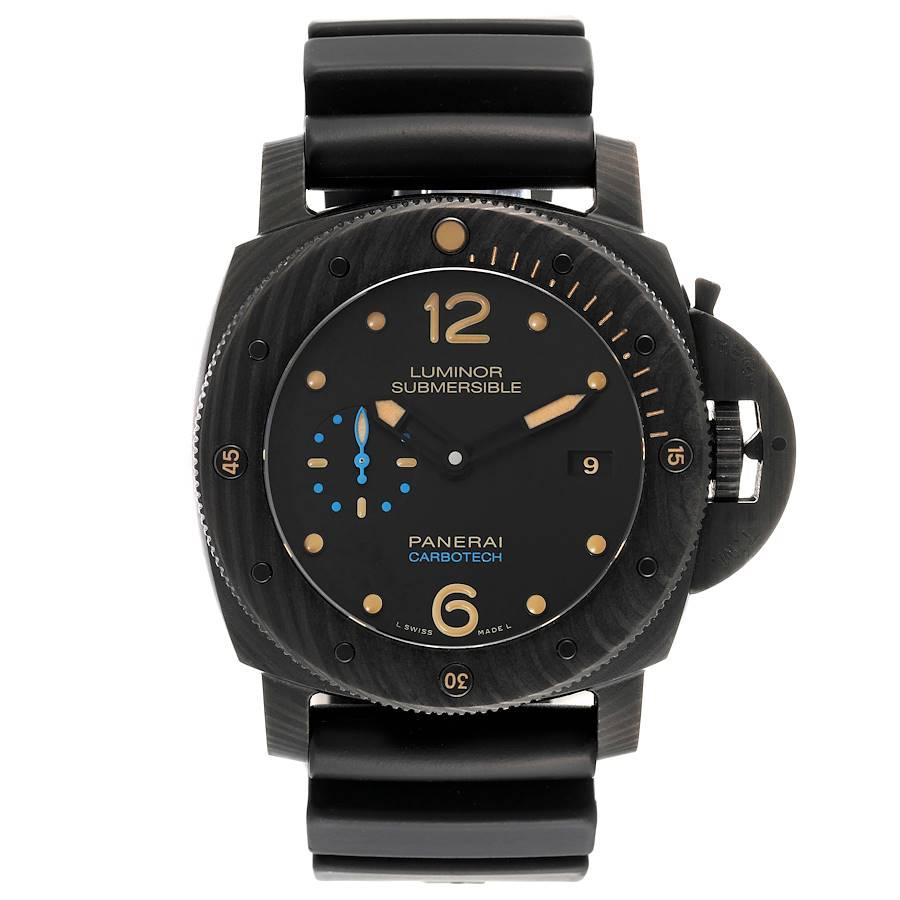 Panerai Luminor Submersible 1950 Carbotech 3 Days Watch PAM00616 Box Papers. Automatic self-winding movement. Two part cushion shaped Black carbotech case 47.0 mm in diameter. Panerai patented crown protector. Unidirectional rotating bezel with a