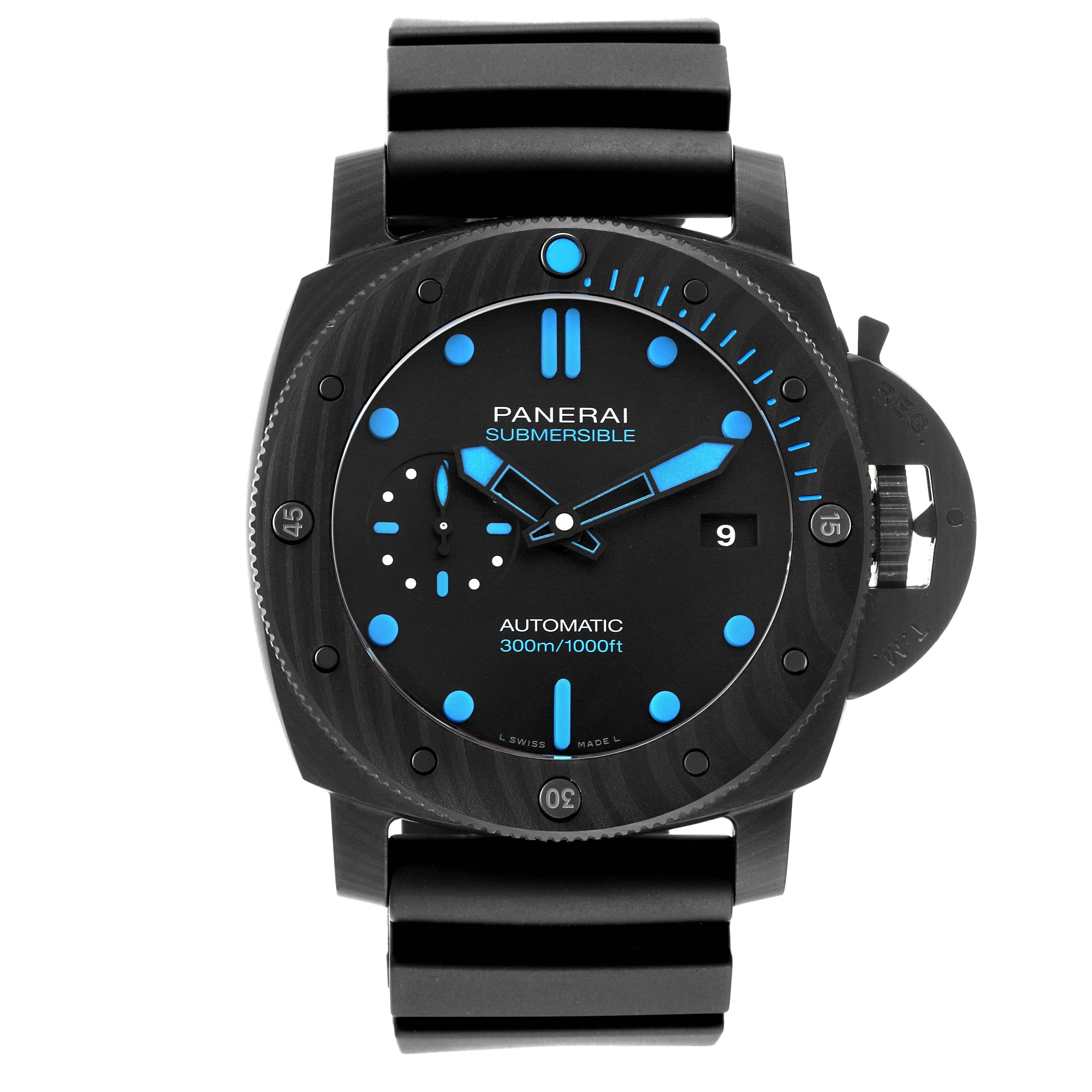 Panerai Luminor Submersible 1950 Carbotech Mens Watch PAM01616 Box Card. Automatic self-winding movement. Two part cushion shaped black carbotech case 47.0 mm in diameter. Panerai patented crown protector. Unidirectional rotating bezel with a black