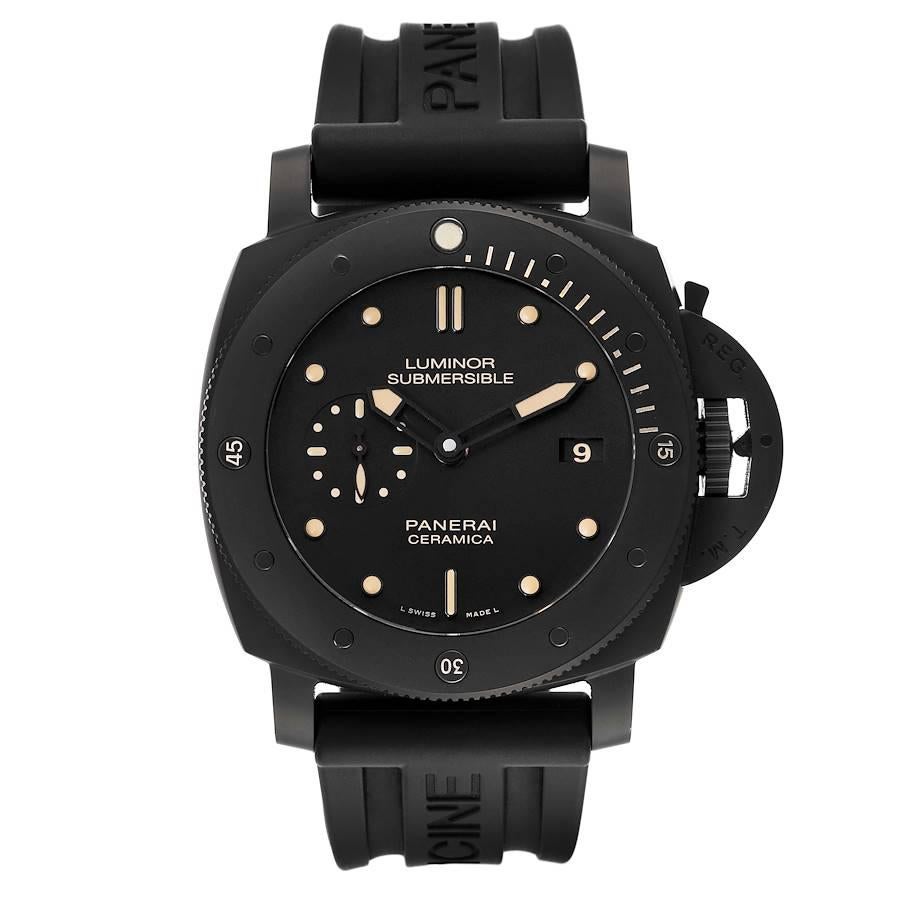 Panerai Luminor Submersible 1950 Ceramica Mens Watch PAM00508 Box Papers. Automatic self-winding movement. Two part cushion shaped black ceramic-titanium case 47.0 mm in diameter. Panerai patented crown protector. Unidirectional rotating bezel with