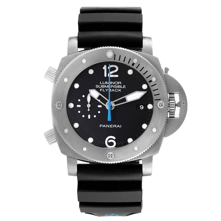 Panerai Luminor Submersible 1950 Chrono Flyback Watch PAM00614 Box Papers. Automatic self-winding movement. Two part cushion shaped titanium case 47.0 mm in diameter. Panerai patented crown protector. Anti-clockwise rotating titanium bezel with