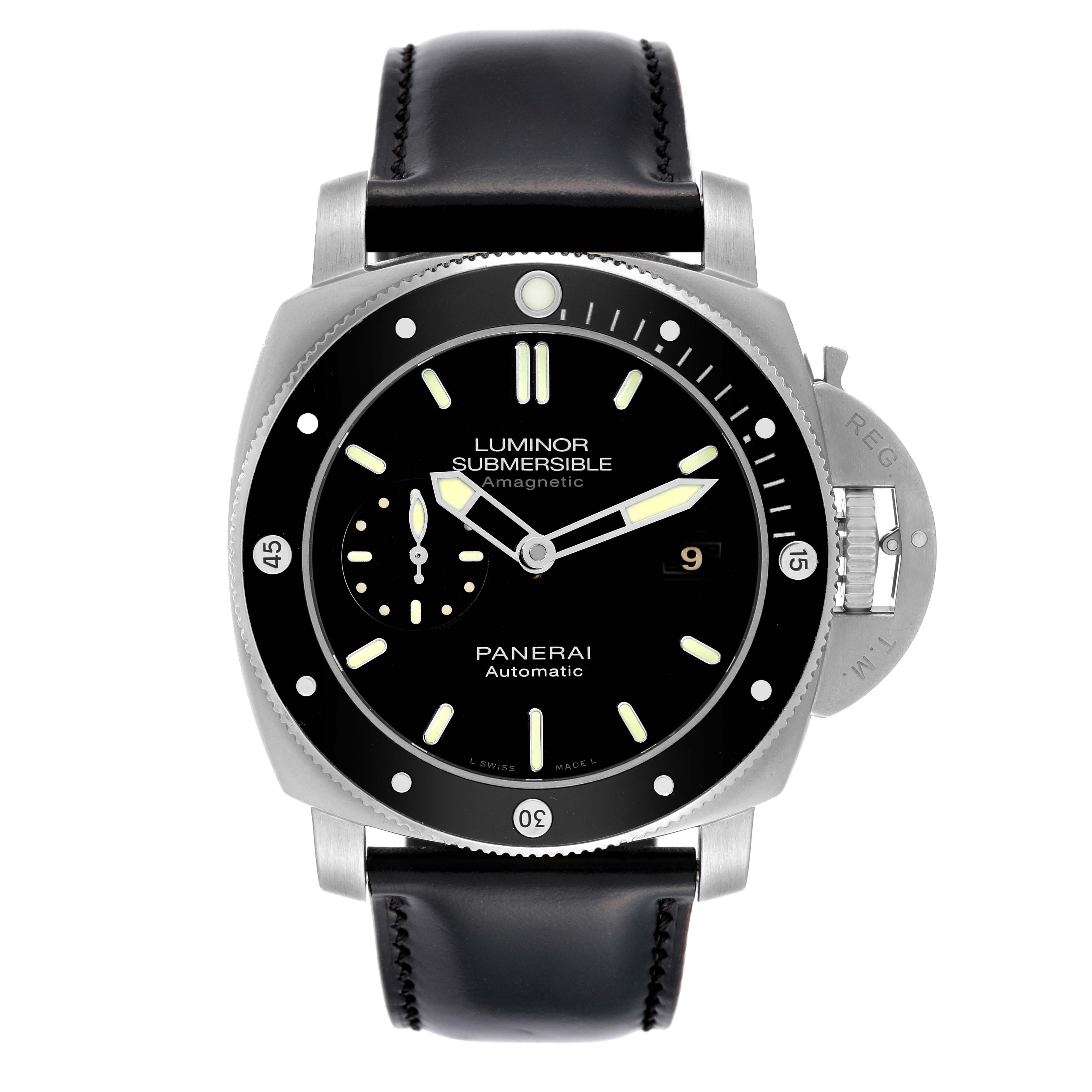 Panerai Luminor Submersible 1950 Titanium Amagnetic Mens Watch PAM00389. Automatic self-winding movement. Two part cushion shaped titanium case 47.0 mm in diameter. Panerai patented crown protector. Unidirectional rotating titanium bezel with a