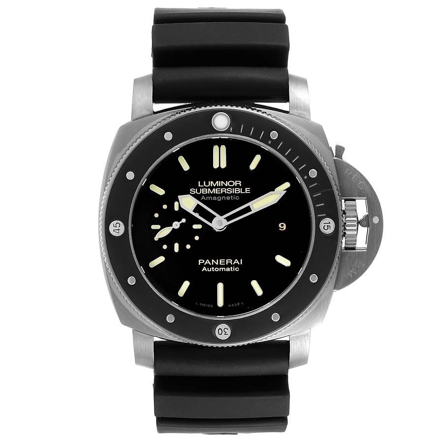 Panerai Luminor Submersible 1950 Titanium Amagnetic Watch PAM00389 Box Card. Automatic self-winding movement. Two part cushion shaped titanium case 47.0 mm in diameter. Panerai patented crown protector. Unidirectional rotating titanium bezel with a