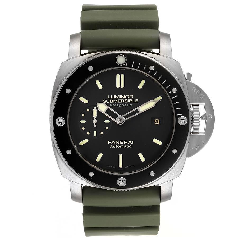 Panerai Luminor Submersible 1950 Titanium Amagnetic Watch PAM00389 Box Papers. Automatic self-winding movement. Two part cushion shaped titanium case 47.0 mm in diameter. Panerai patented crown protector. Unidirectional rotating titanium bezel with