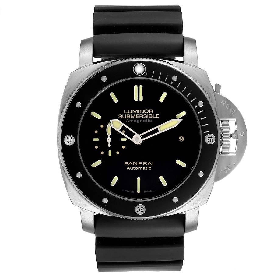 Panerai Luminor Submersible 1950 Titanium Amagnetic Watch PAM00389 Box Papers. Automatic self-winding movement. Two part cushion shaped titanium case 47.0 mm in diameter. Panerai patented crown protector. Unidirectional rotating titanium bezel with