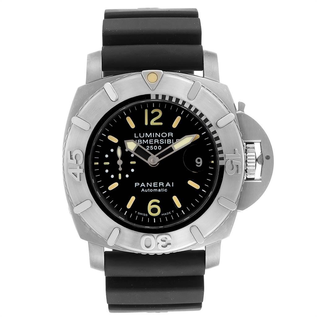Panerai Luminor Submersible 2500m 47mm Mens Watch PAM00194 Box Papers. Automatic self-winding movement. Two part cushion shaped titanium case 47.0 mm in diameter. Panerai patented crown protector. Unidirectional rotating stainless steel professional