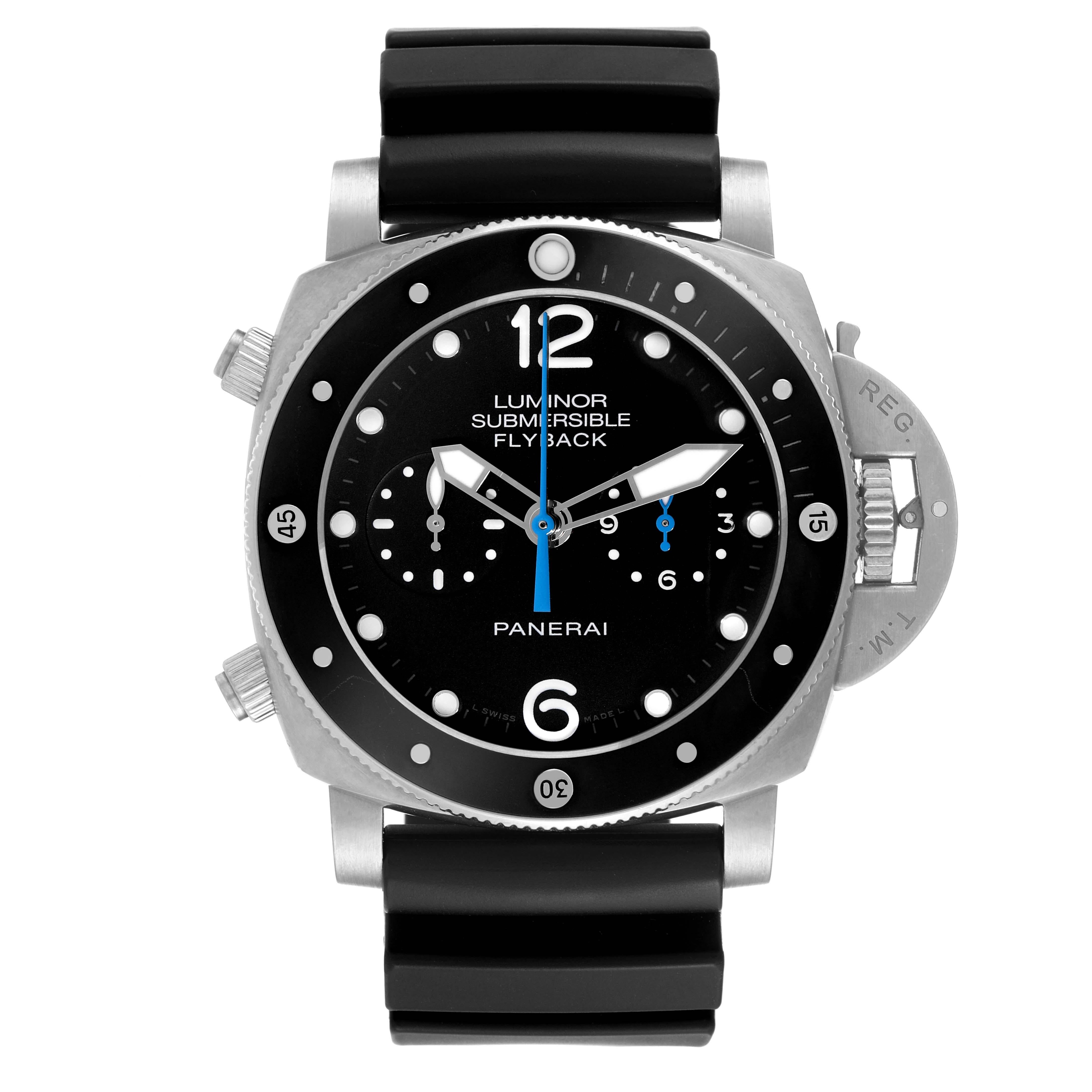 Panerai Luminor Submersible 3 Days Flyback Titanium Mens Watch PAM00615 Papers. Automatic self-winding chronograph movement. Two part cushion shaped titanium case 47.0 mm in diameter. Panerai patented crown protector. Unidirectional rotating