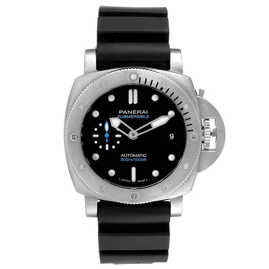 Panerai Luminor Submersible 42mm Black Dial Mens Watch PAM00973 Box Card. Automatic self-winding movement. Two part cushion shaped stainless steel case 42.0 mm in diameter. Panerai patented crown protector. Stainless steel rotating bezel with
