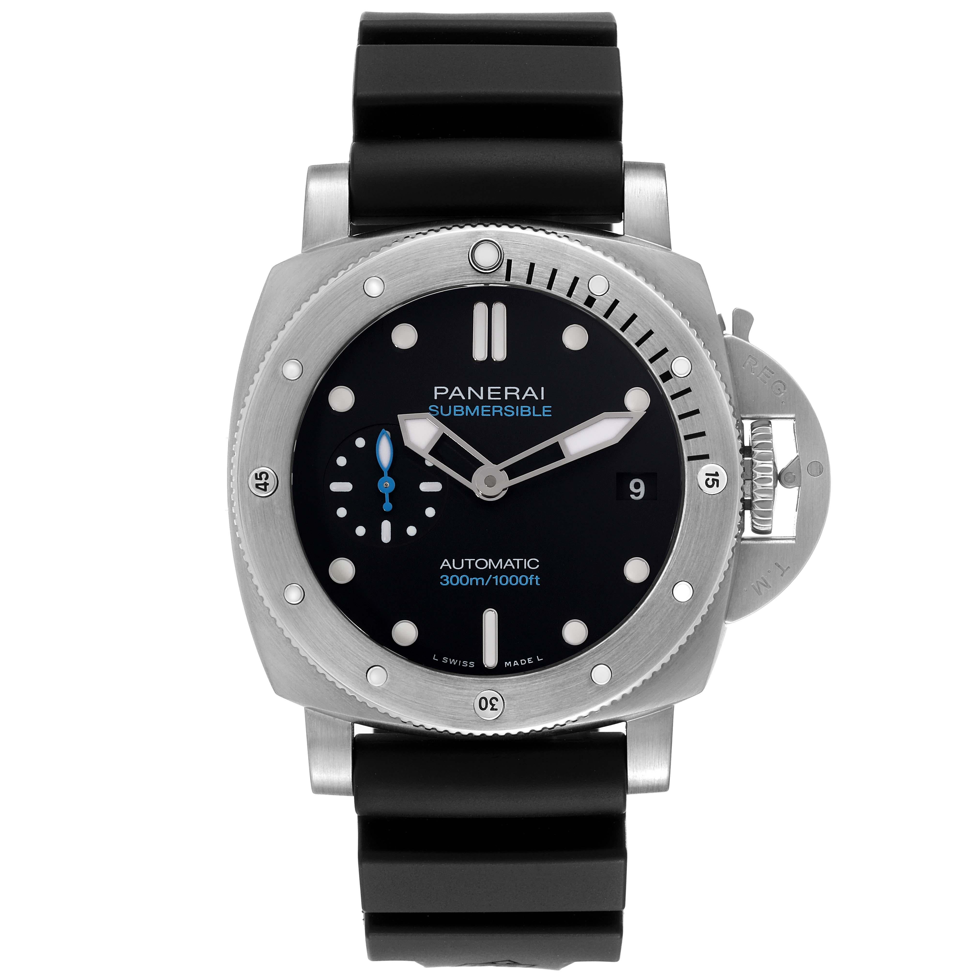 Panerai Luminor Submersible 42mm Black Dial Steel Mens Watch PAM00973. Automatic self-winding movement. Two part cushion shaped stainless steel case 42.0 mm in diameter. Panerai patented crown protector. Stainless steel unidirectional rotating bezel