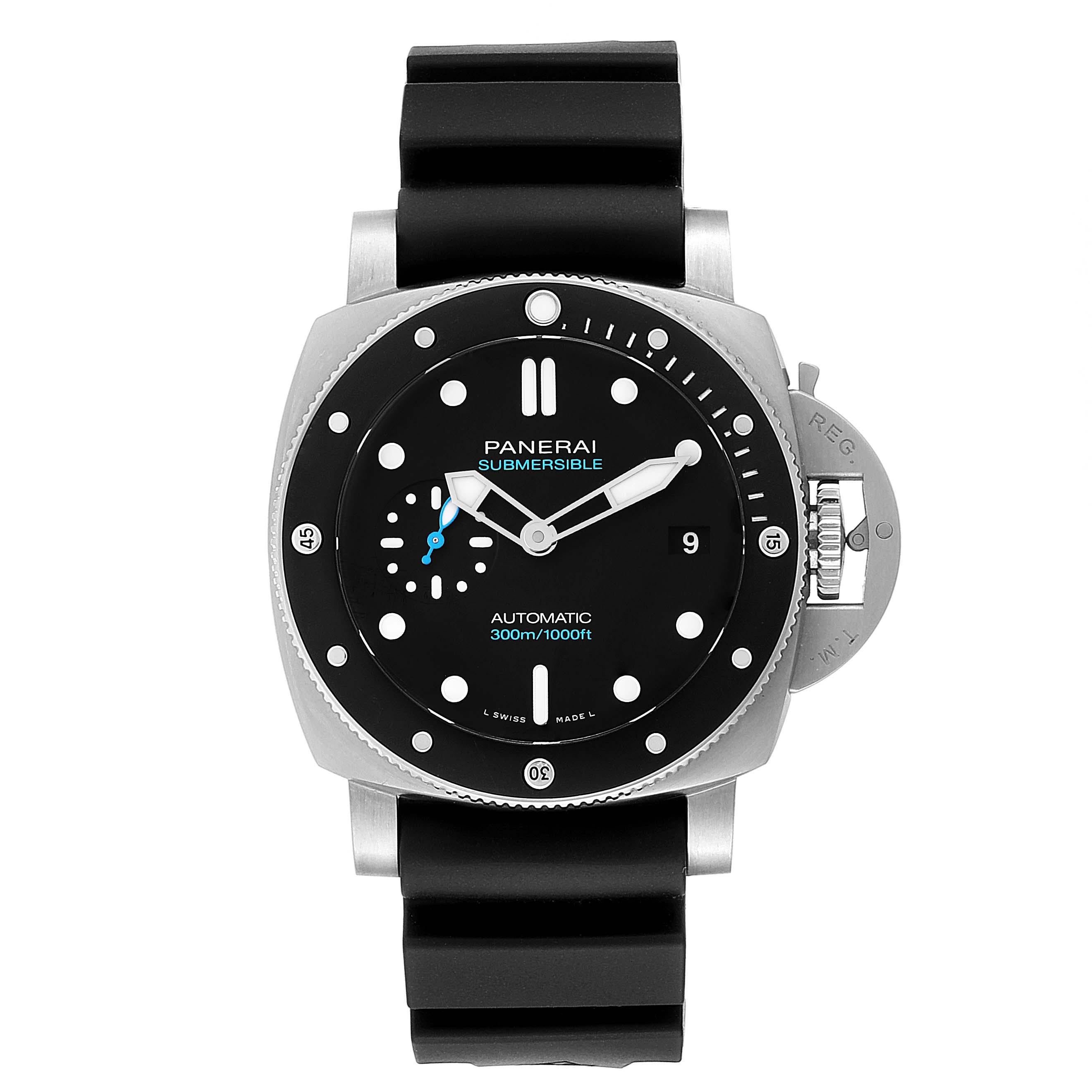 Panerai Luminor Submersible 42mm Black Rubber Strap Mens Watch PAM00683. Automatic self-winding movement. Two part cushion shaped stainless steel case 42.0 mm in diameter. Panerai patented crown protector. Steel with ceramic anti-clockwise rotating