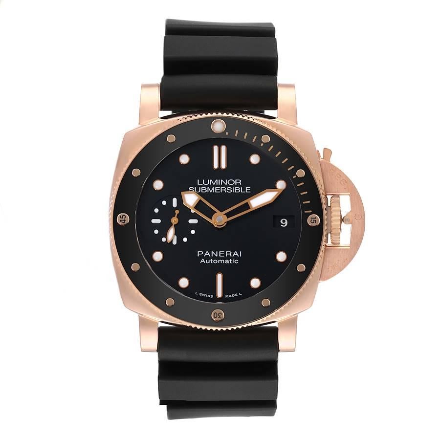 Panerai Luminor Submersible 42mm Rose Gold Mens Watch PAM00684 Box Papers. Automatic self-winding movement. Two part cushion shaped polished rose gold case 42.0 mm in diameter. Panerai patented crown protector. Rose gold with ceramic anti-clockwise