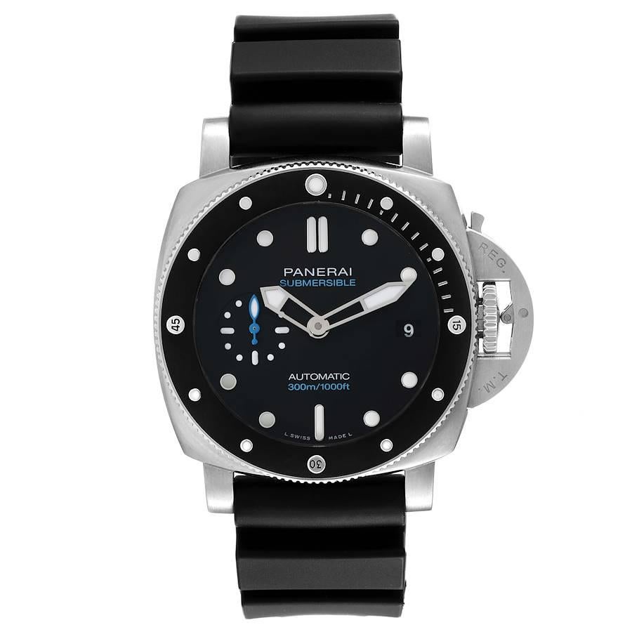 Panerai Luminor Submersible 42mm Steel Mens Watch PAM00683 Box Papers. Automatic self-winding movement. Two part cushion shaped stainless steel case 42.0 mm in diameter. Panerai patented crown protector. Steel with ceramic anti-clockwise rotating