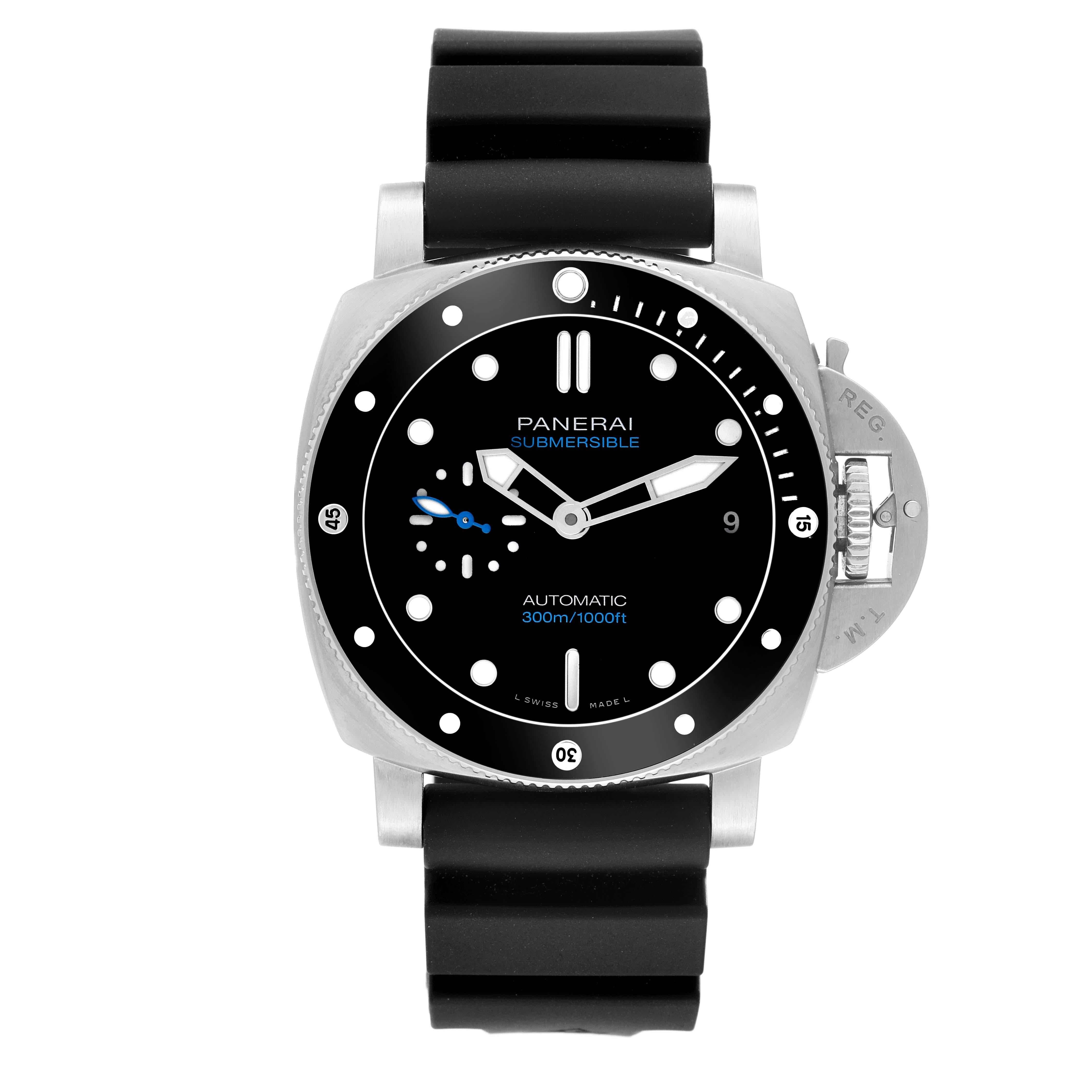 Panerai Luminor Submersible 42mm Steel Mens Watch PAM00683 Box Papers. Automatic self-winding movement. Two part cushion shaped stainless steel case 42.0 mm in diameter. Panerai patented crown protector. Steel with ceramic unidrectional rotating
