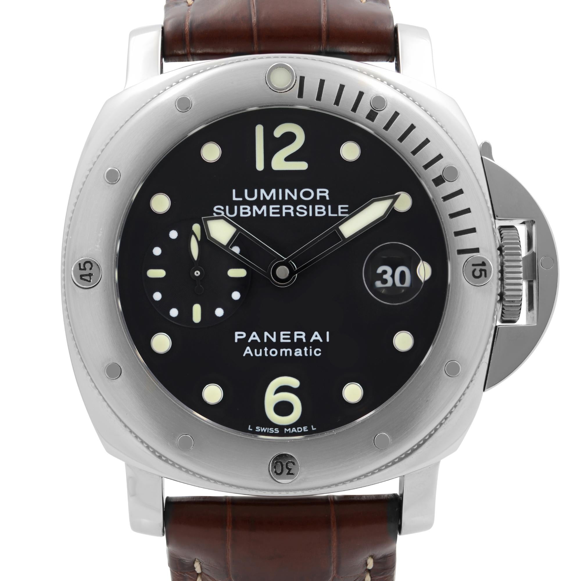 This pre-owned Panerai Luminor Submersible PAM00024 is a beautiful men's timepiece that is powered by a mechanical (automatic) movement which is cased in a stainless steel case. It has a round shape face, date indicator, small seconds subdial dial,