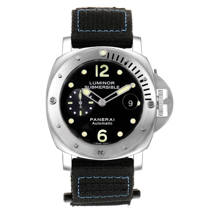 Panerai Luminor Submersible 44mm Steel Mens Watch PAM00024 Box Papers. Automatic self-winding movement. Two part cushion shaped titanium case 44.0 mm in diameter. Panerai patented crown protector. Unidirectional rotating professional diver's bezel.