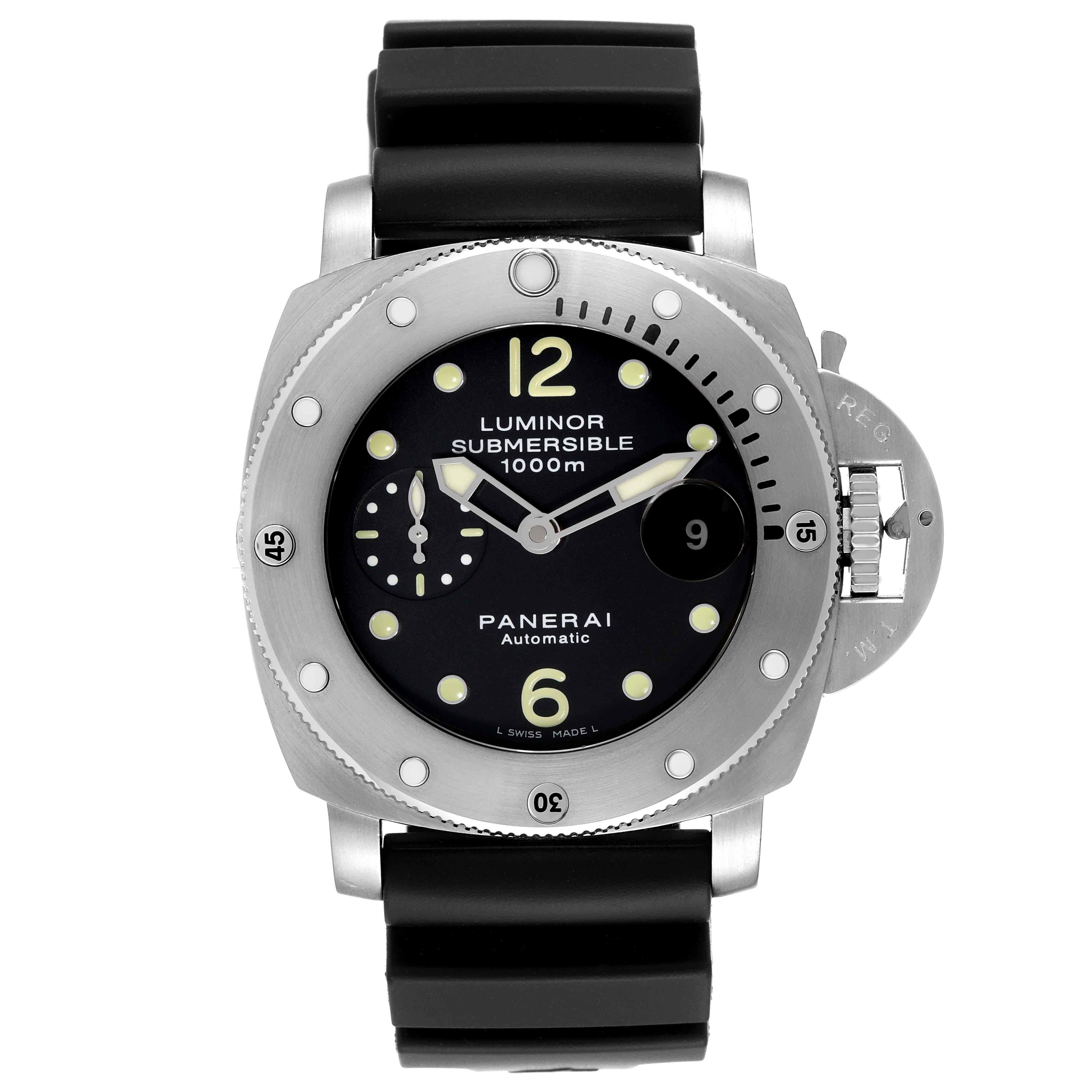 Panerai Luminor Submersible 44mm Steel Mens Watch PAM00243. Automatic self-winding movement. Two part cushion shaped titanium case 44.0 mm in diameter. Panerai patented crown protector. Unidirectional rotating professional diver's bezel. Scratch