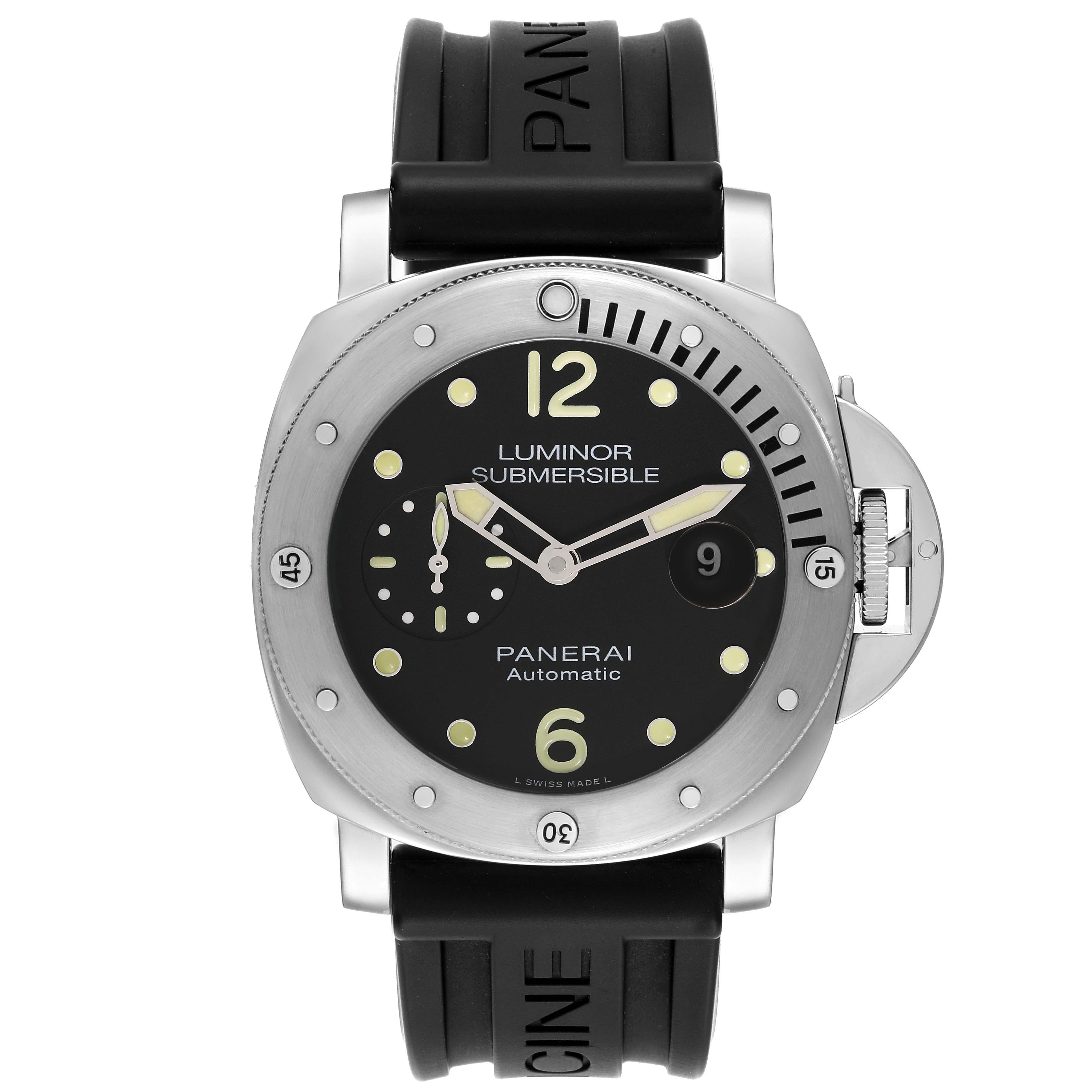 Panerai Luminor Submersible 44mm Steel Mens Watch PAM01024 Box Card. Automatic self-winding movement. Stainless steel cushion case 44.0 mm in diameter. Panerai patented crown protector. Stainless steel unidirectional rotating diver's bezel. Scratch