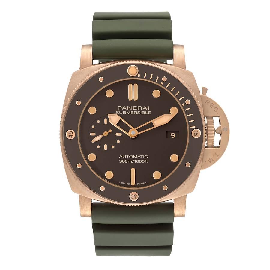 Panerai Luminor Submersible 47mm Bronze Mens Watch PAM00968 Box Papers. Automatic self-winding movement. Two part cushion shaped bronze case 47.0 mm in diameter with titanium case back. Panerai patented crown protector. Unidirectional rotating