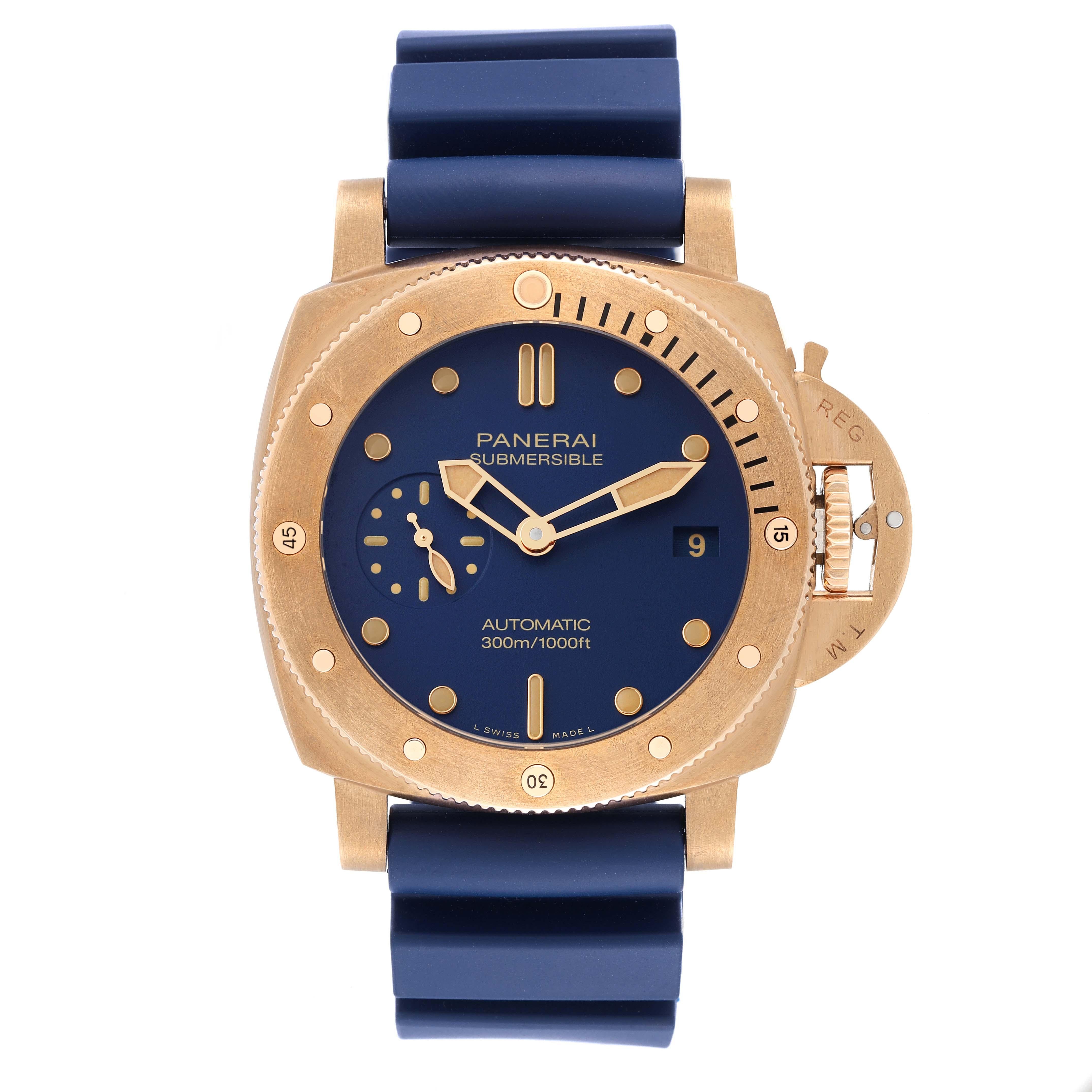 Panerai Luminor Submersible Blu Abisso Bronze Mens Watch PAM01074 Box Card. Automatic self-winding movement. Two part cushion shaped bronze case 42.0 mm in diameter with titanium case back. Panerai patented crown protector. Unidirectional rotating