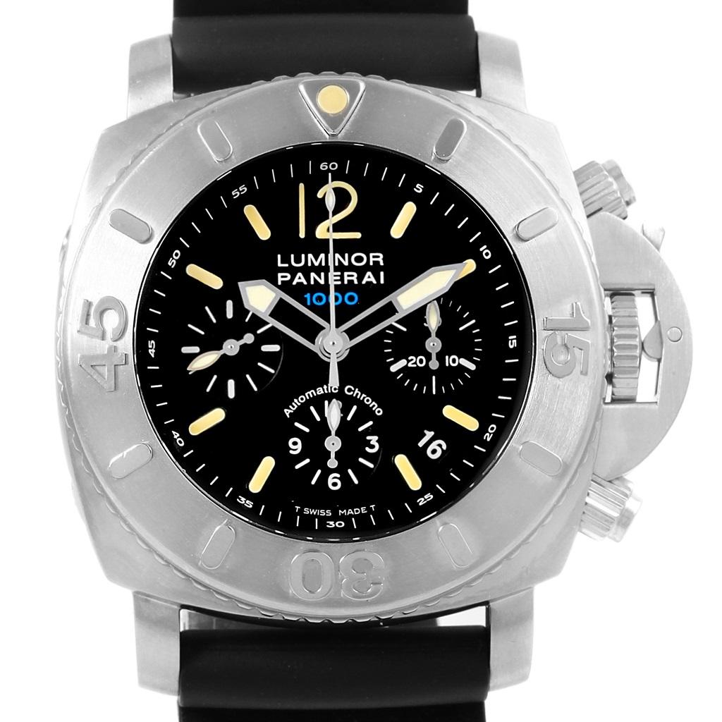 Panerai Luminor Submersible Chrono 1000M 47mm Watch PAM187 Box Papers. Automatic self-winding chronograph movement. Two part cushion shaped stainless steel case 47.0 mm in diameter. Panerai patented crown protector. Anti - clockwise unidirectional