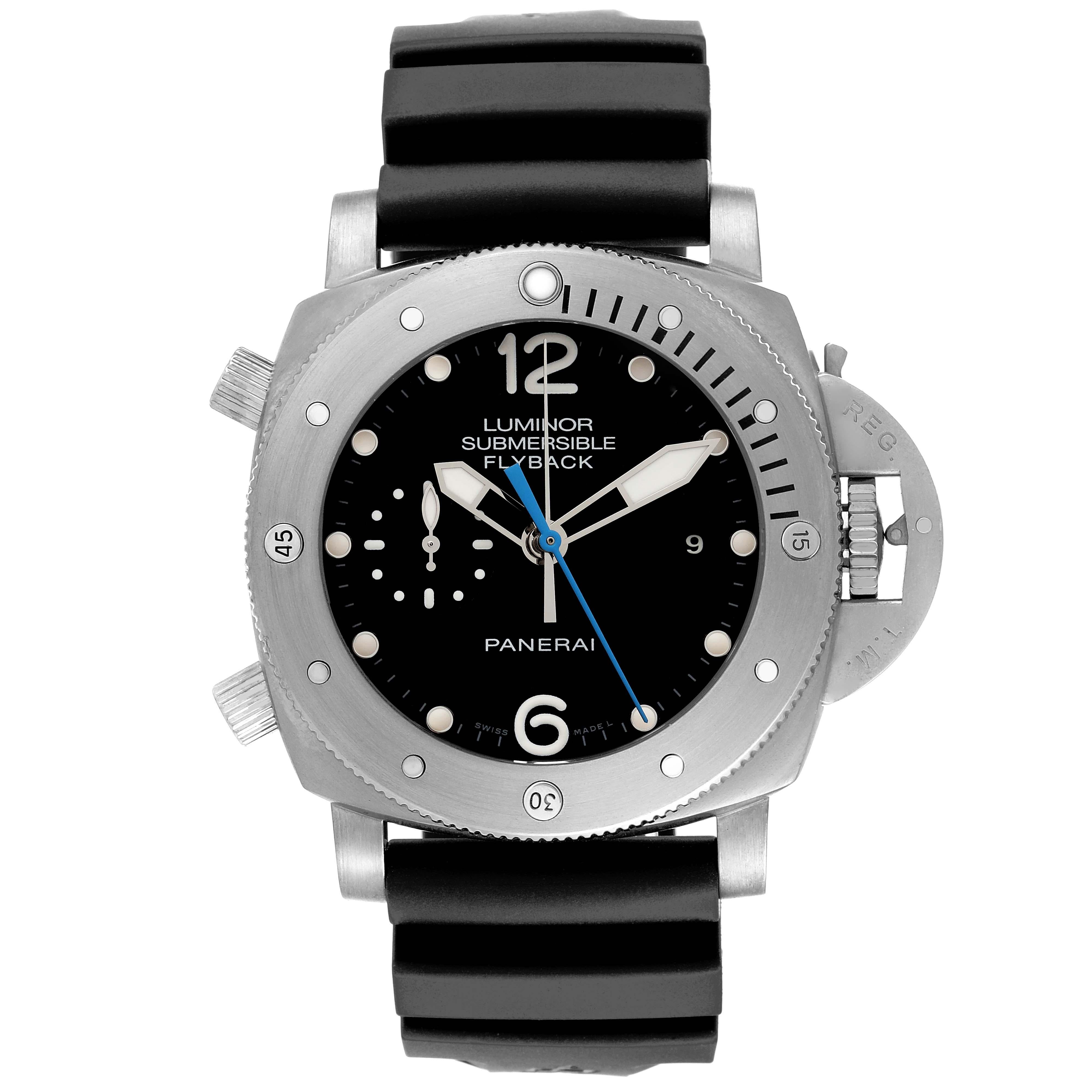 Panerai Luminor Submersible Chrono Flyback Mens Watch PAM00614 Papers. Automatic self-winding movement. Two part cushion shaped titanium case 47.0 mm in diameter. Panerai patented crown protector. Anti-clockwise unidirectional rotating titanium