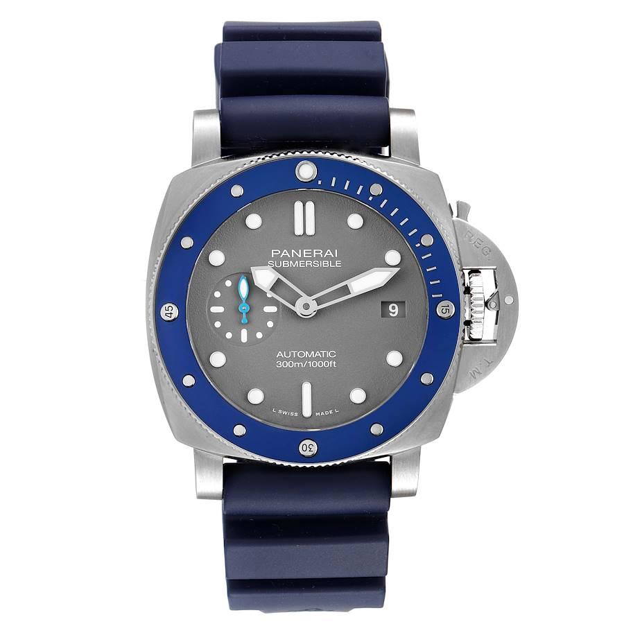 Panerai Luminor Submersible Grey Dial Steel Mens Watch PAM00959 Box Card. Automatic self-winding movement. Two part cushion shaped stainless steel case 42.0 mm in diameter. Panerai patented crown protector. Blue ceramic anti-clockwise rotating bezel