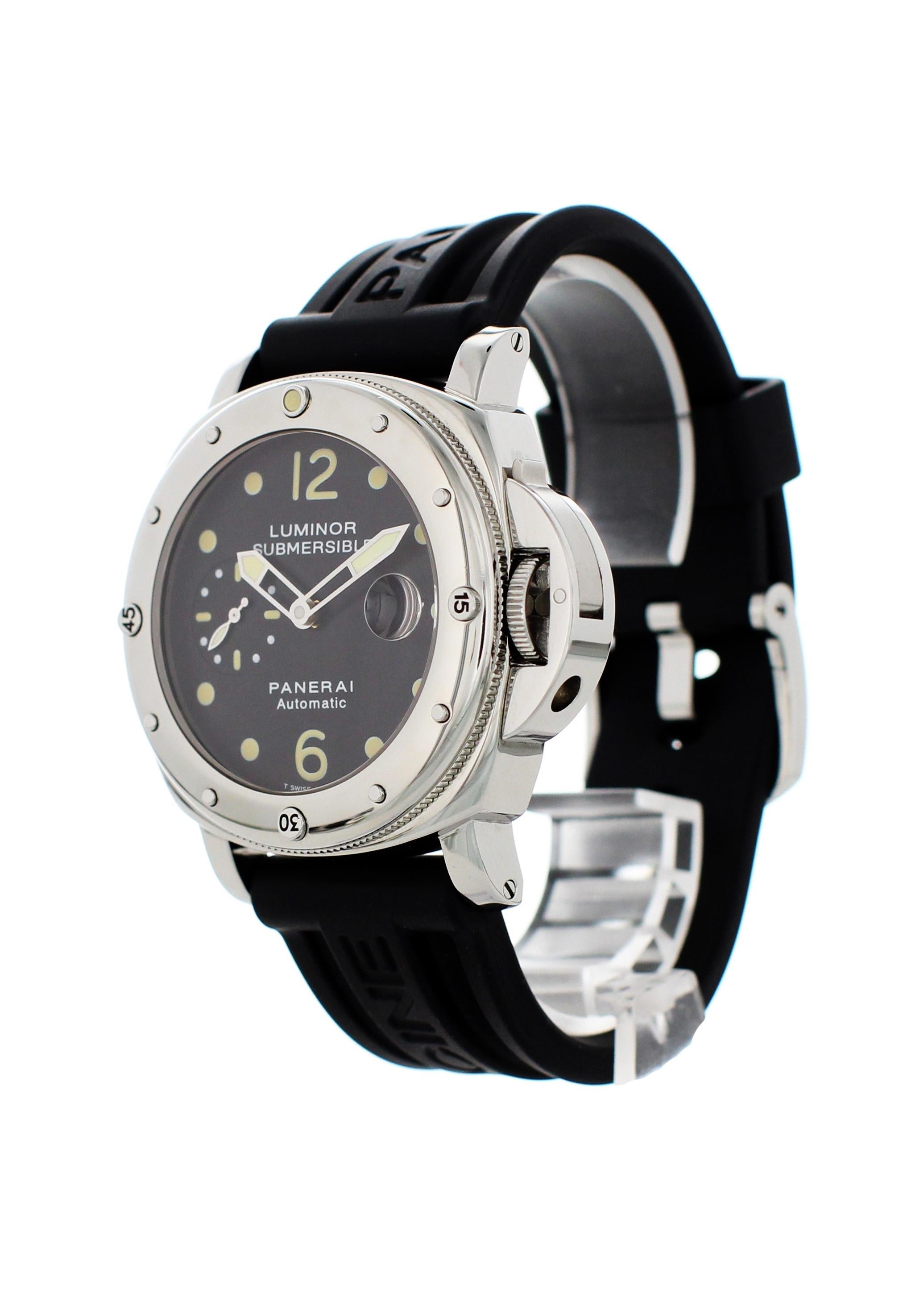 Panerai Luminor Submersible PAM24 Mens Watch. 44mm stainless steel case with unidirectional bezel. Black tritium dial. Small seconds sub-dial with luminous hands and indexes. Magnified date display. Locking crown. 24mm rubber strap with buckle. Will