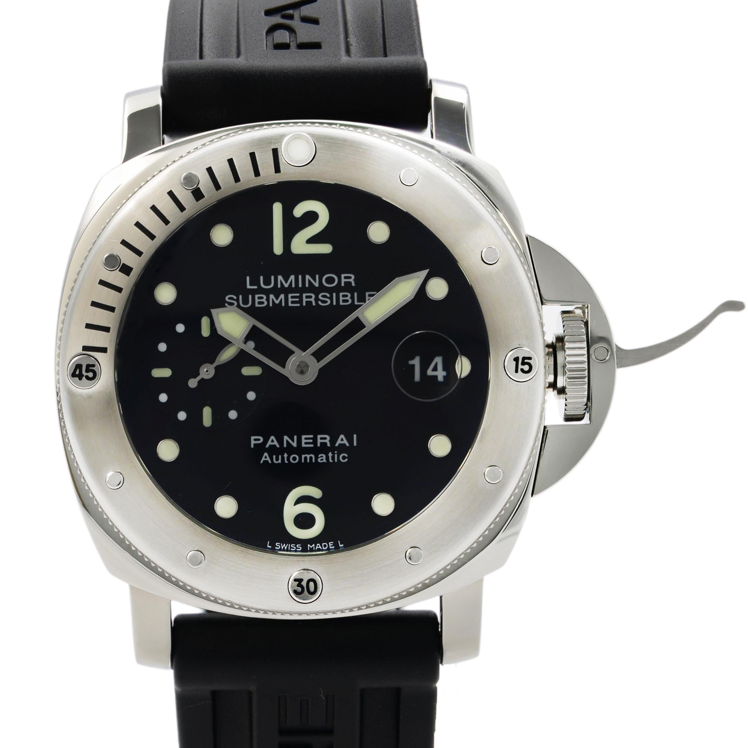 This pre-owned Panerai Luminor Submersible PAM00024 is a beautiful men's timepiece that is powered by a mechanical (Automatic) movement which is cased in a stainless steel case. It has a round shape face, date indicator, small seconds subdial dial